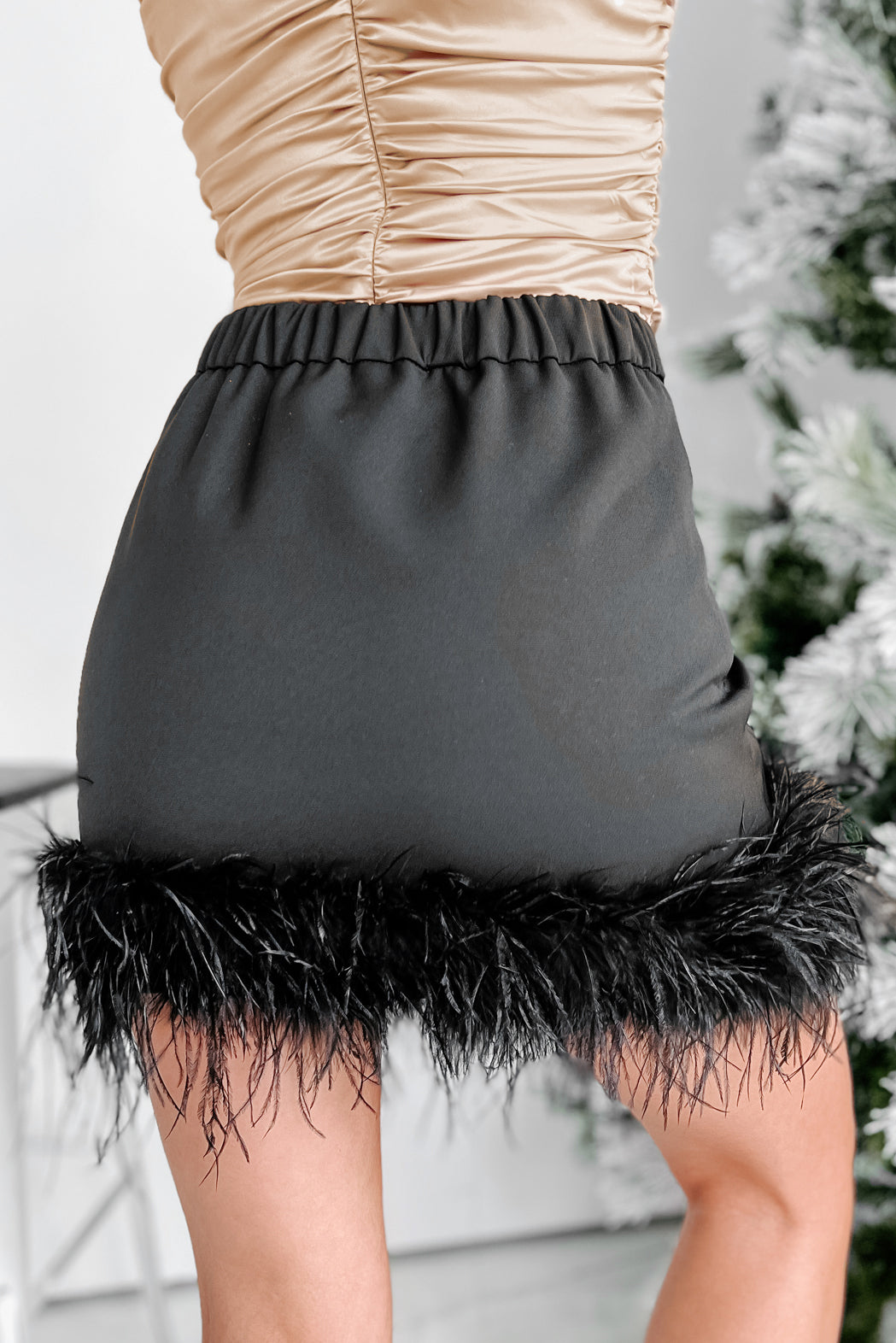 Ruffle My Feathers High Waisted Faux Feather Trim Mini Skirt (Black)-The Formal Wear