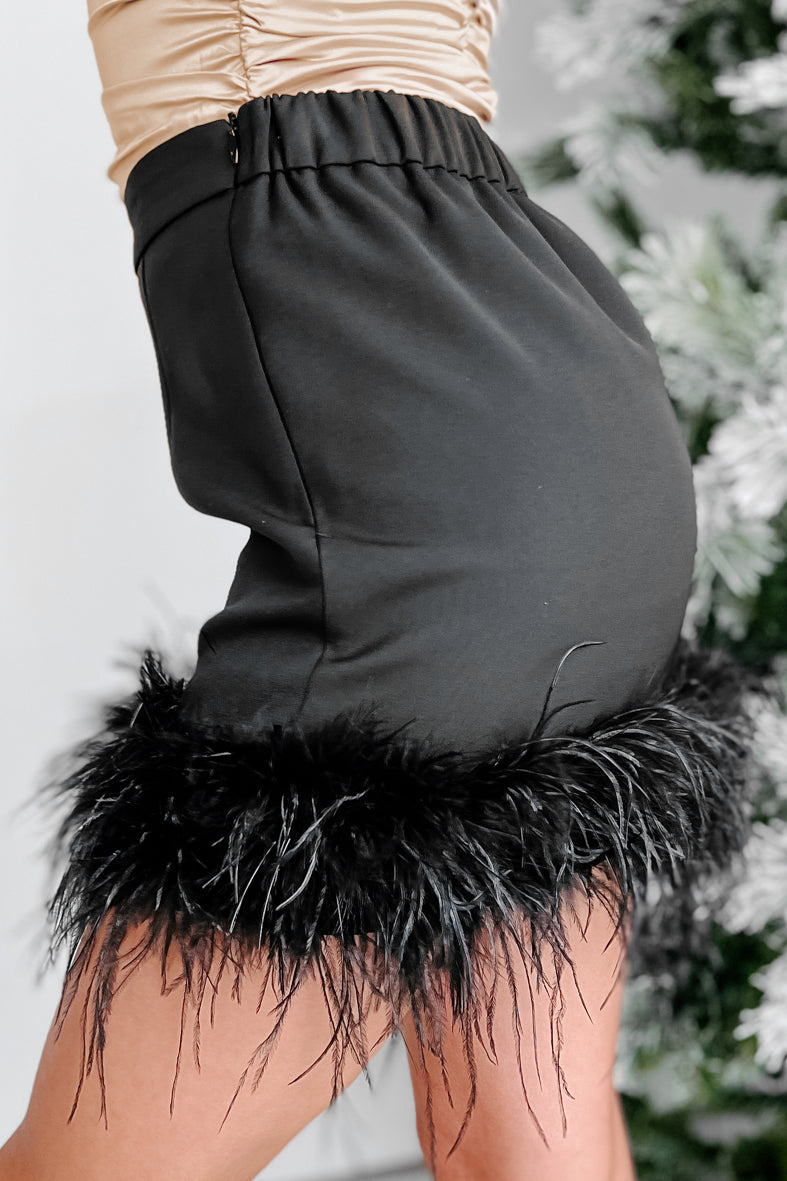 Ruffle My Feathers High Waisted Faux Feather Trim Mini Skirt (Black)-The Formal Wear