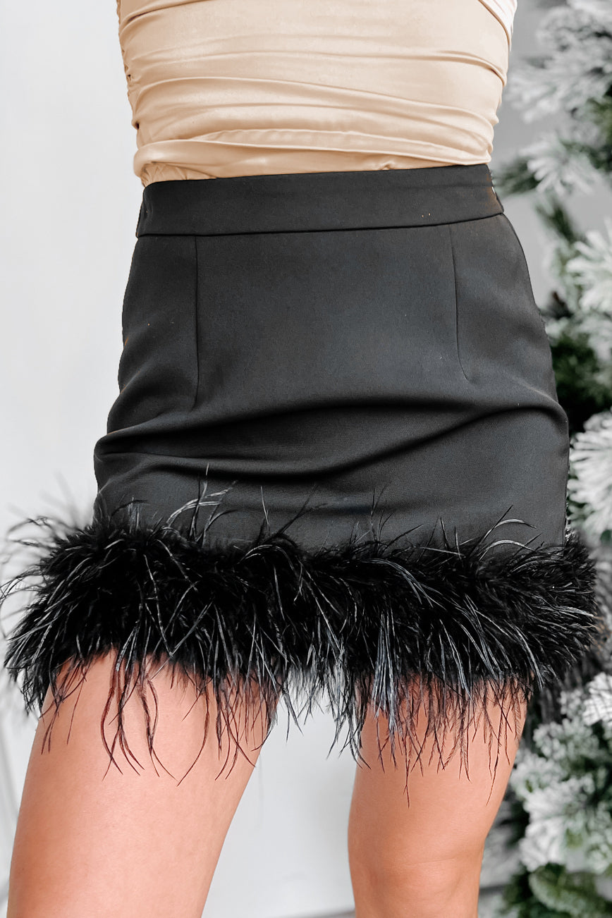 Ruffle My Feathers High Waisted Faux Feather Trim Mini Skirt (Black)-The Formal Wear