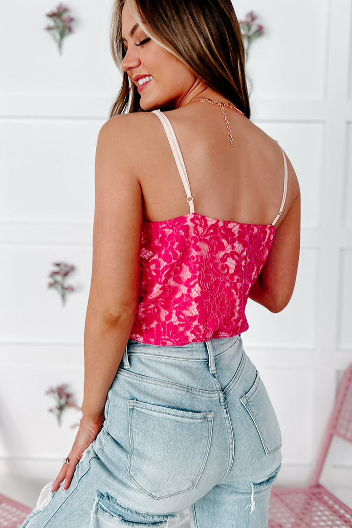 Chasing Perfection Scalloped Lace Bodysuit (Fuchsia)-The Formal Wear