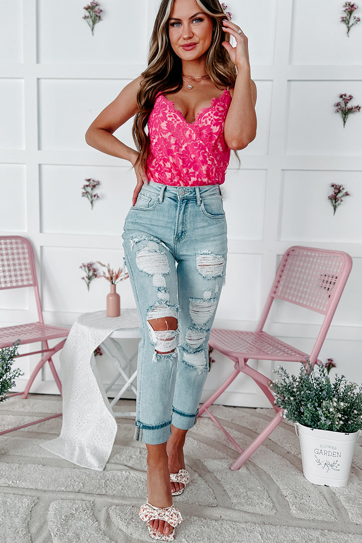 Chasing Perfection Scalloped Lace Bodysuit (Fuchsia)-The Formal Wear