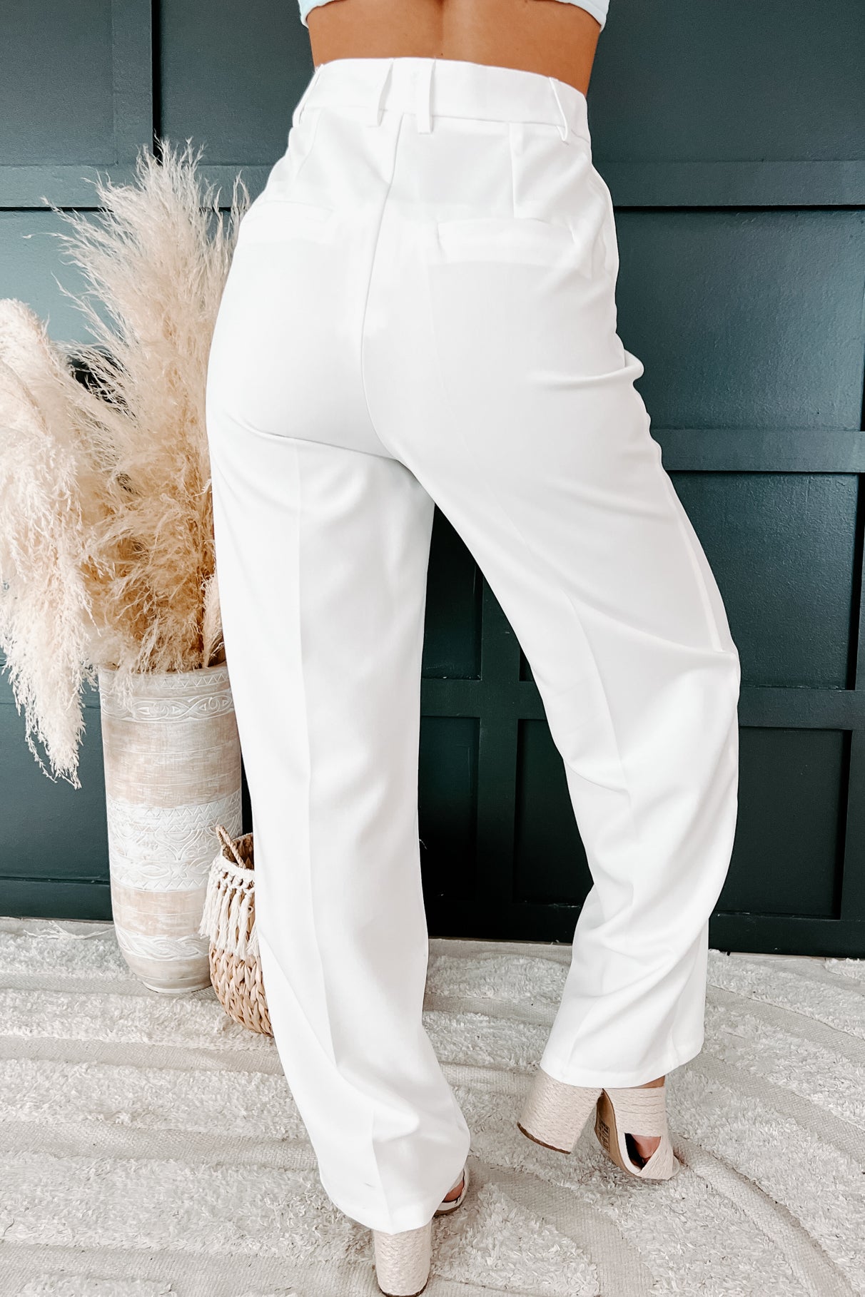 Crunching Numbers High Waisted Straight Leg Pants (White)-The Formal Wear