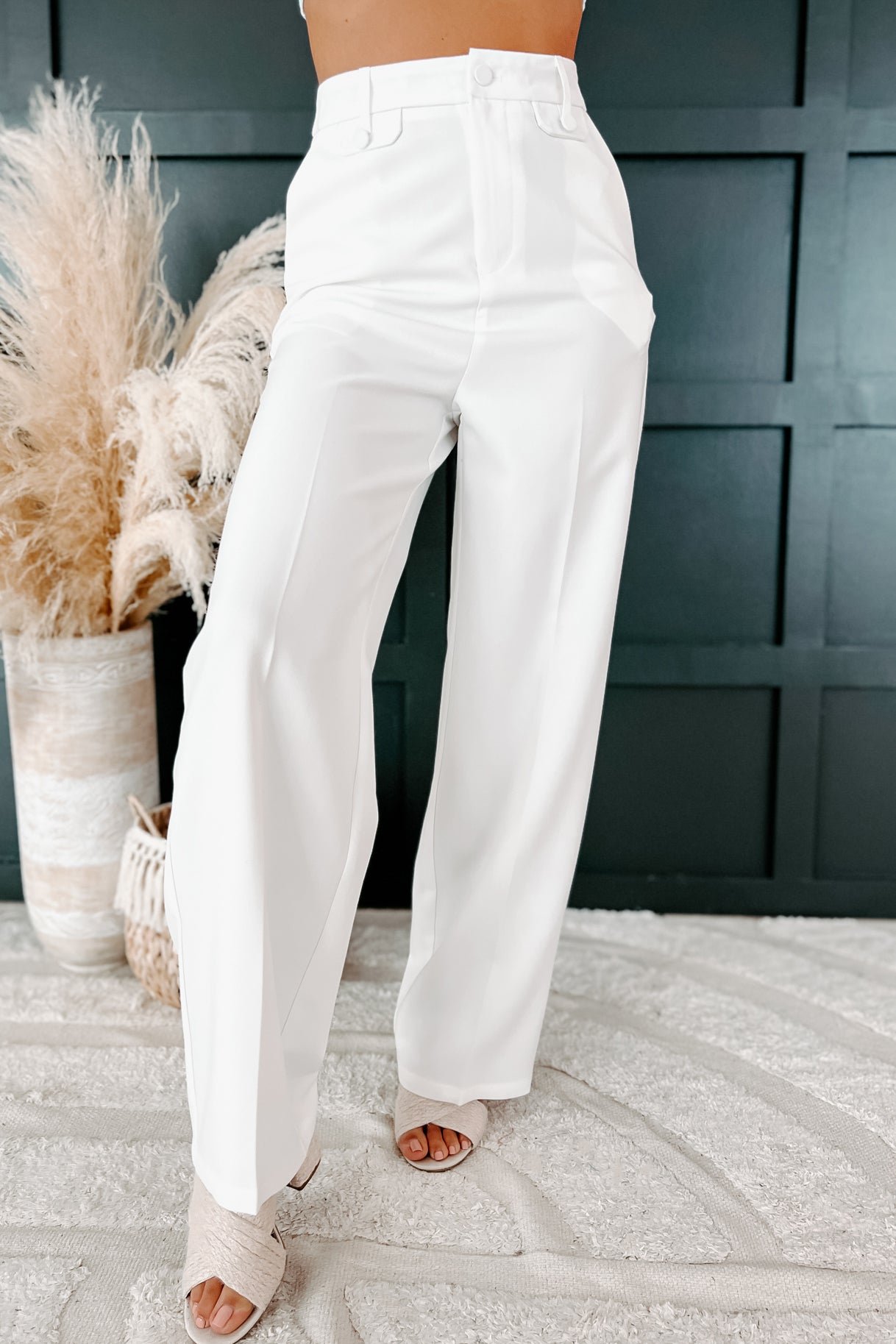 Crunching Numbers High Waisted Straight Leg Pants (White)-The Formal Wear