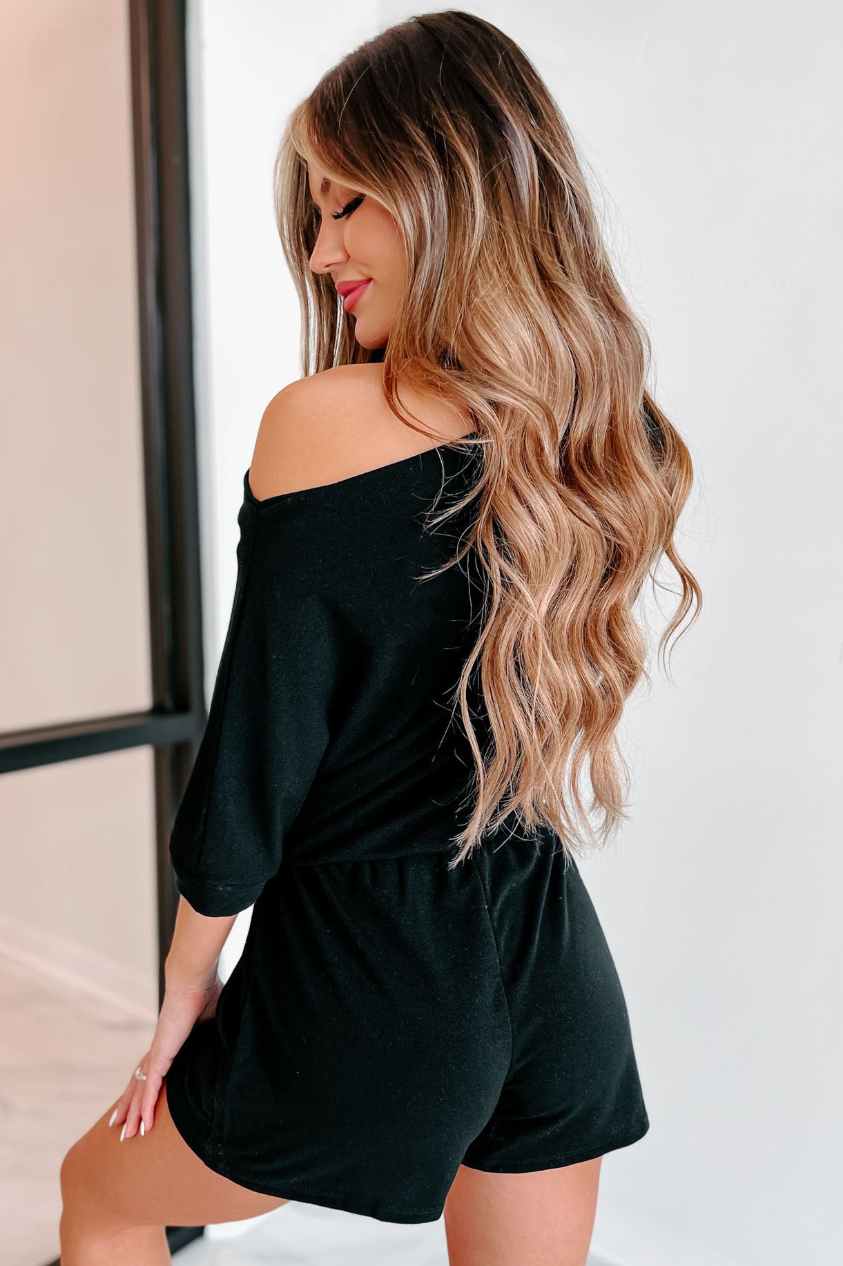 Acting In Kindness Off The Shoulder Drawstring Romper (Black)-The Formal Wear