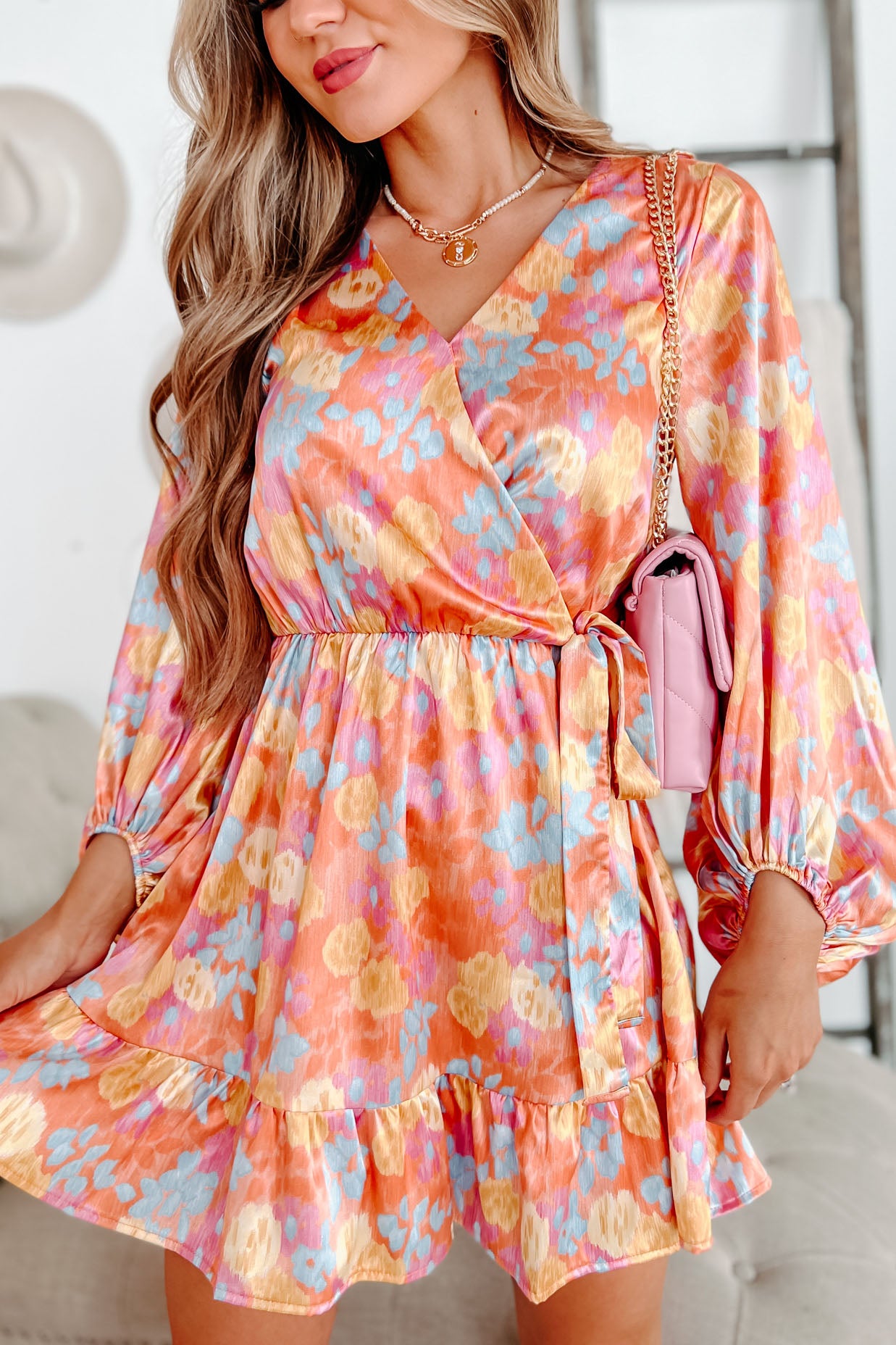 Bright Smiles Bubble Sleeve Floral Mini Dress (Orange Multi)-The Formal Wear