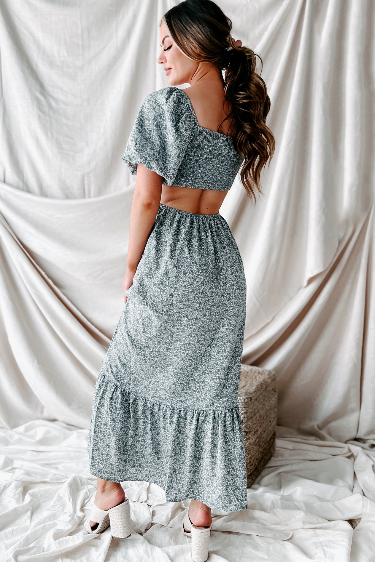 Blissfully In Love Smocked Floral Midi Dress (Dusty Blue)-The Formal Wear
