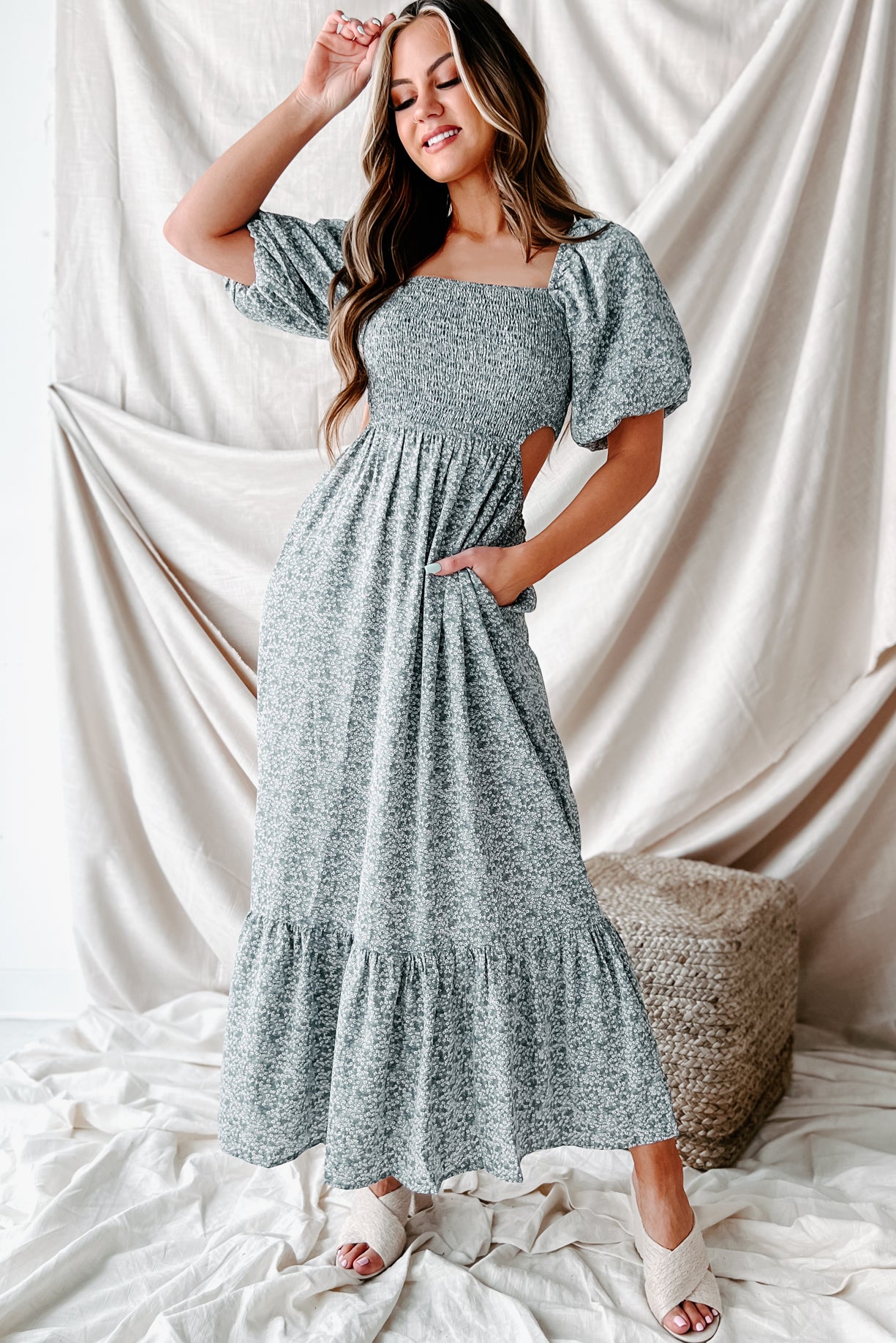 Blissfully In Love Smocked Floral Midi Dress (Dusty Blue)-The Formal Wear