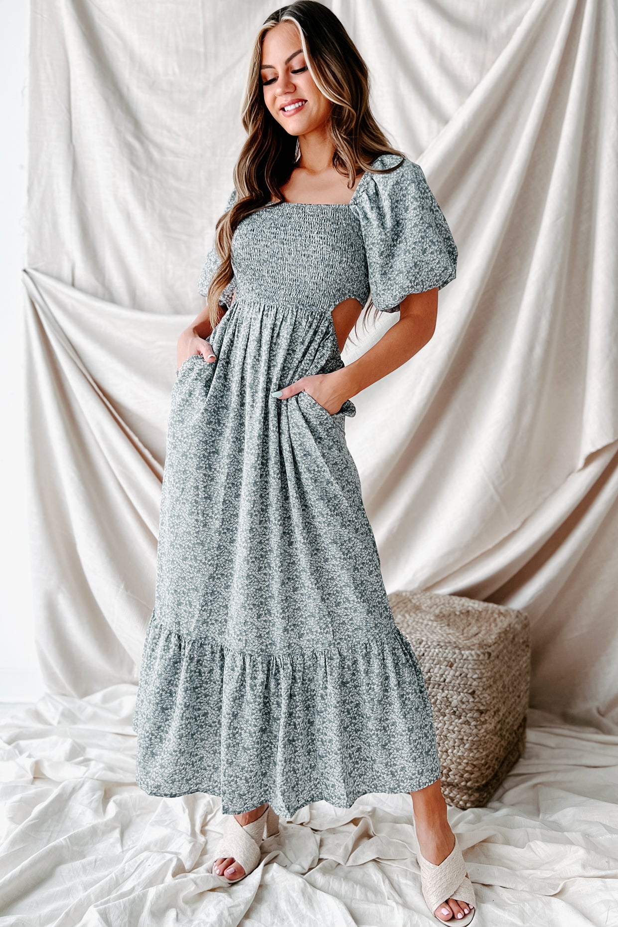 Blissfully In Love Smocked Floral Midi Dress (Dusty Blue)-The Formal Wear