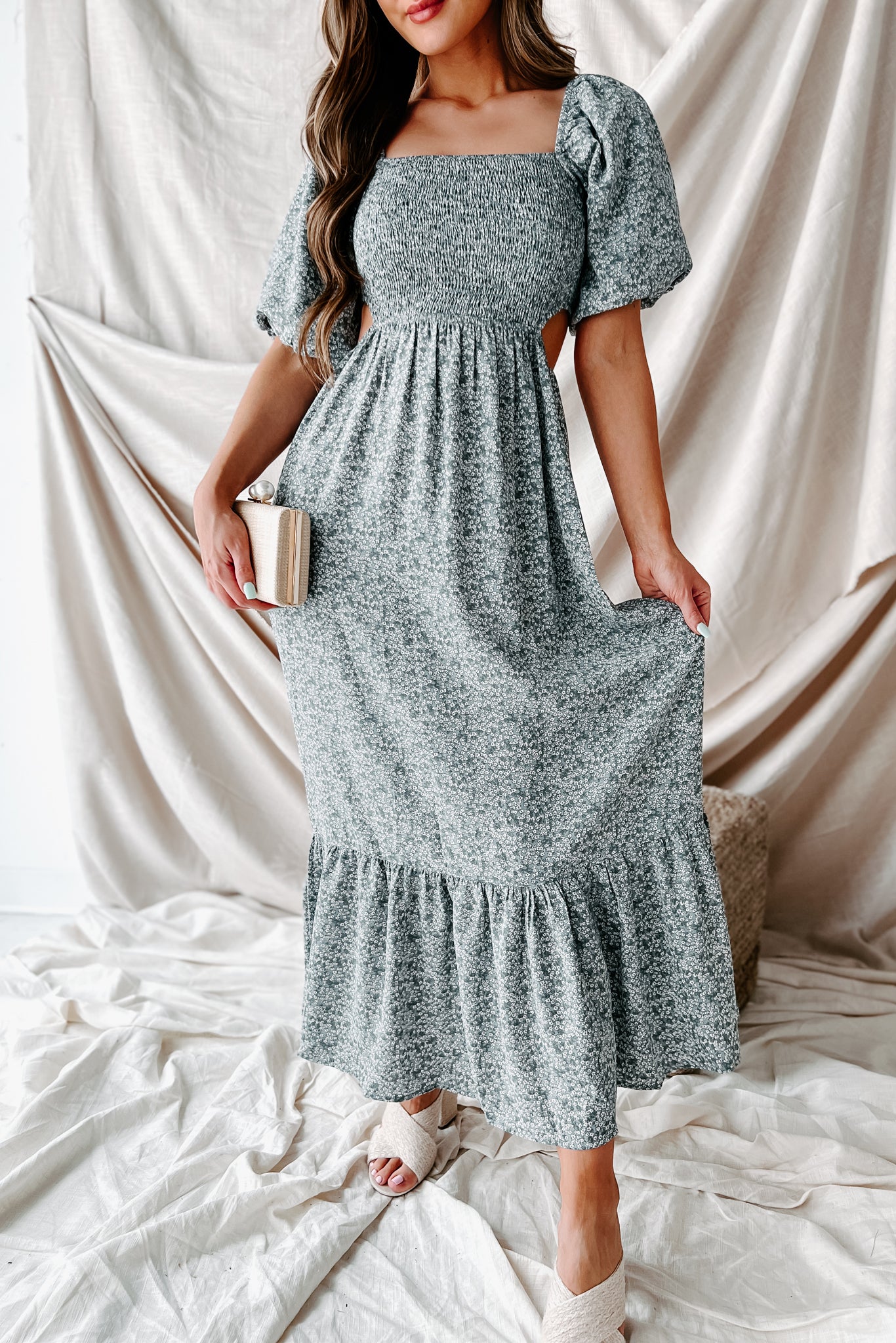 Blissfully In Love Smocked Floral Midi Dress (Dusty Blue)-The Formal Wear