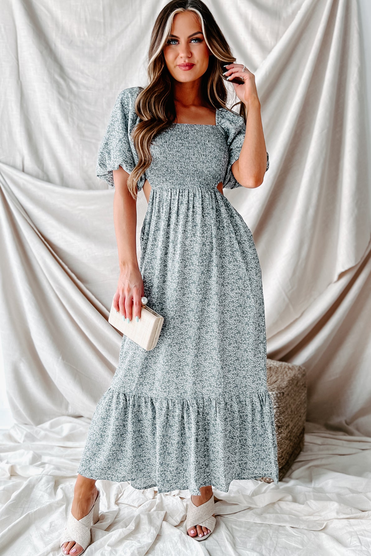 Blissfully In Love Smocked Floral Midi Dress (Dusty Blue)-The Formal Wear