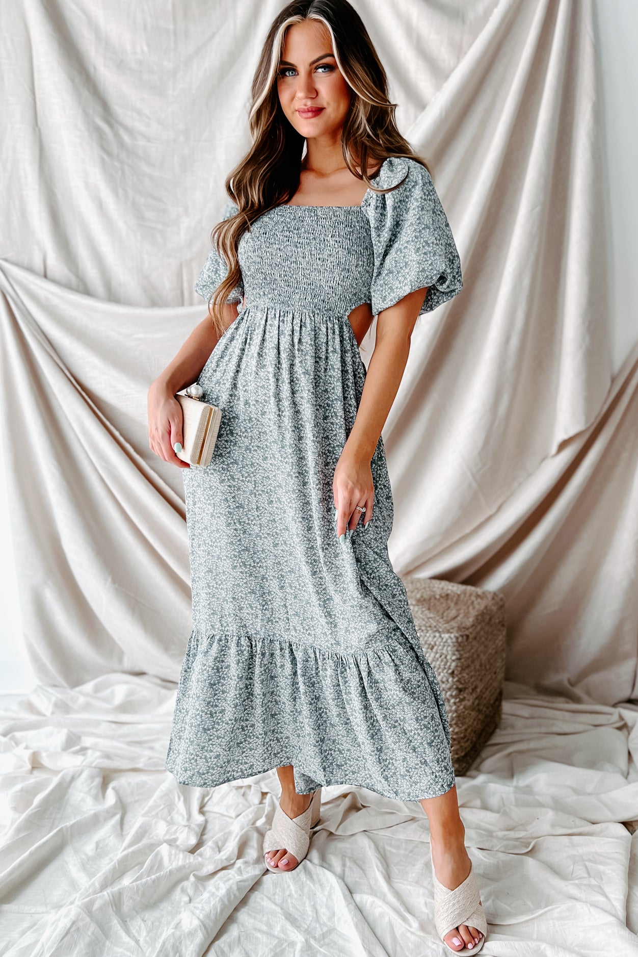 Blissfully In Love Smocked Floral Midi Dress (Dusty Blue)-The Formal Wear