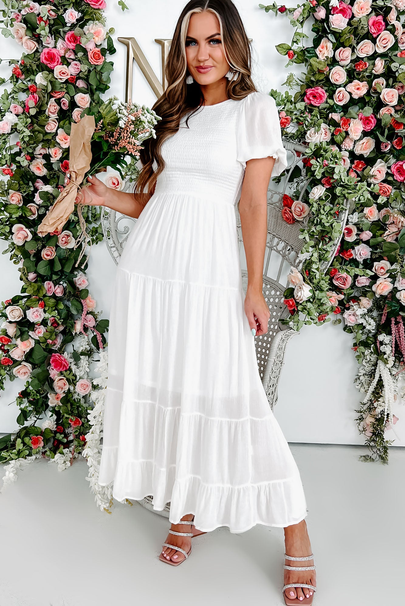 Poetic Poise Smocked Midi Dress (Off White)-The Formal Wear