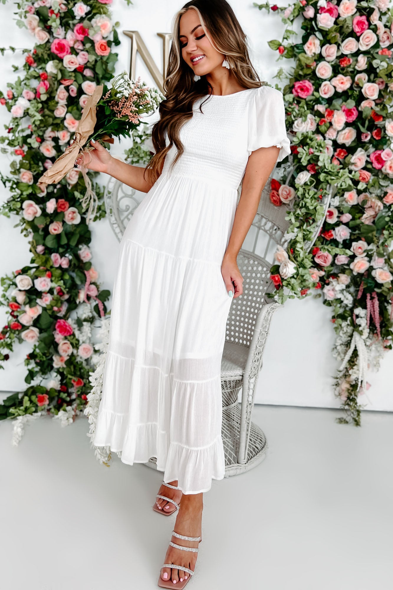 Poetic Poise Smocked Midi Dress (Off White)-The Formal Wear