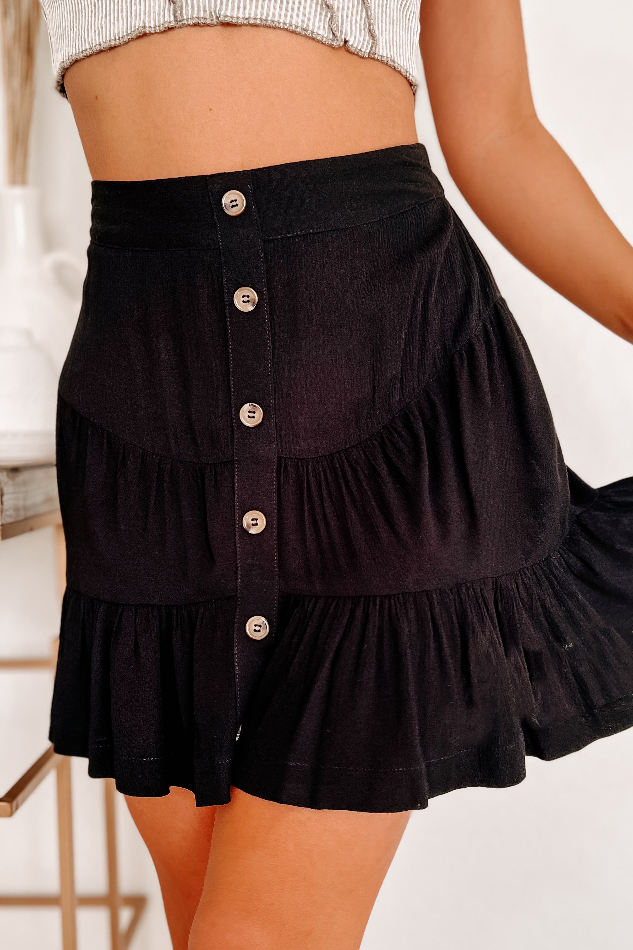 Moments To Remember Button-Front Mini Skirt (Black)-The Formal Wear