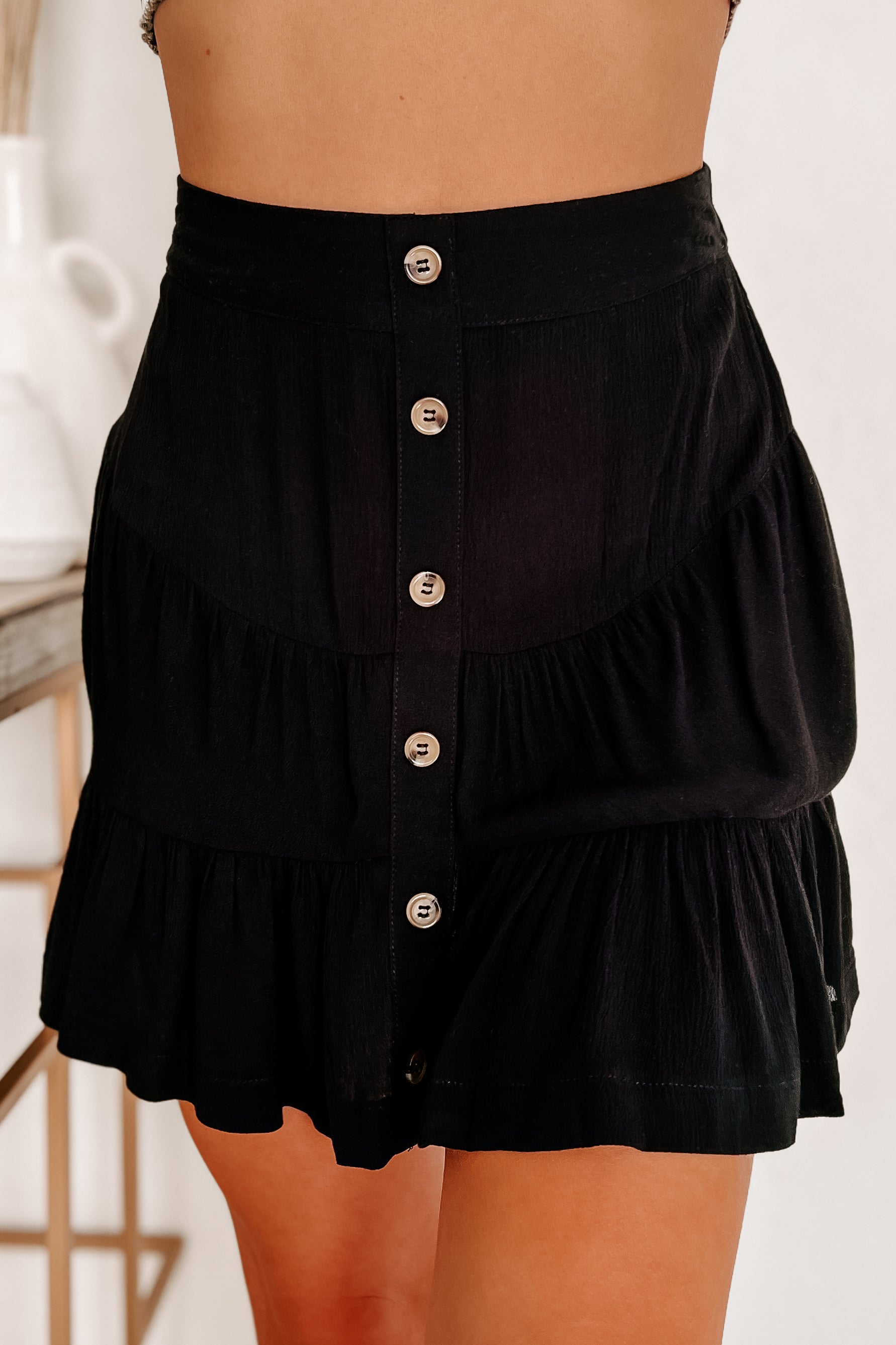 Moments To Remember Button-Front Mini Skirt (Black)-The Formal Wear