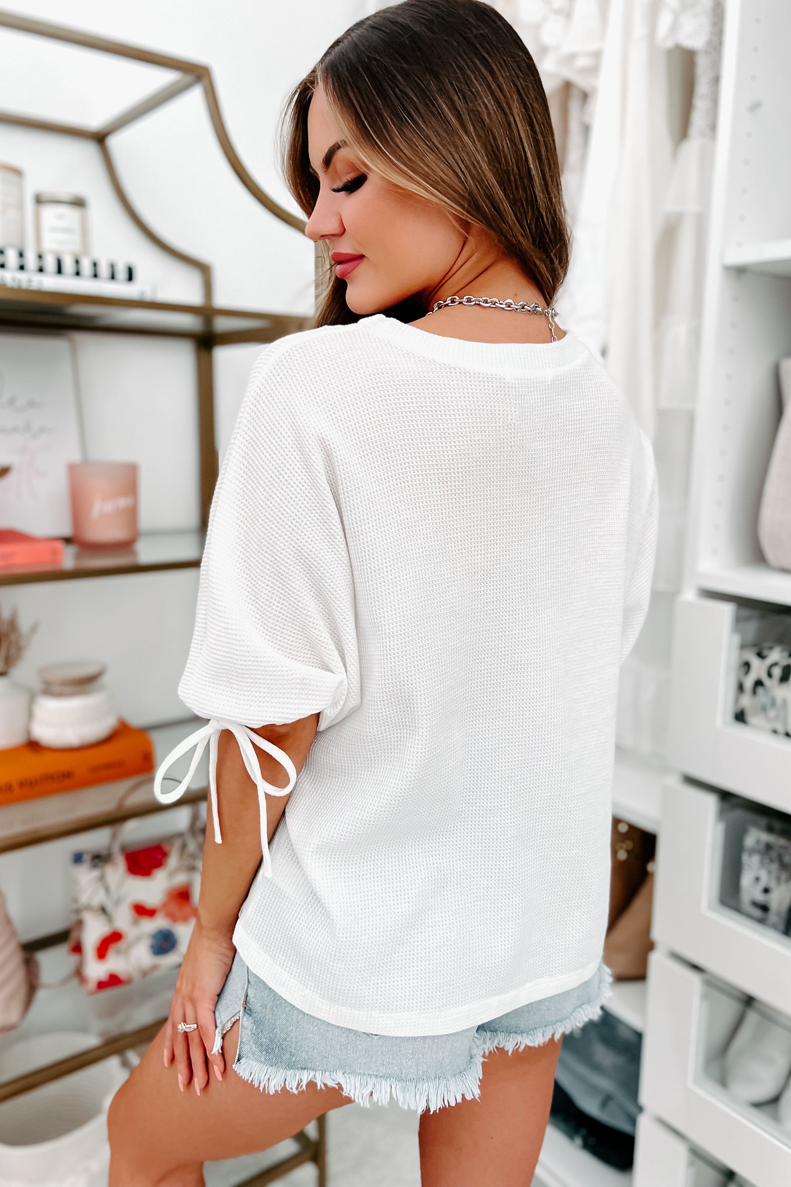 Valeria Thermal Knit Dolman Sleeve Top With Tie Details (White)-The Formal Wear