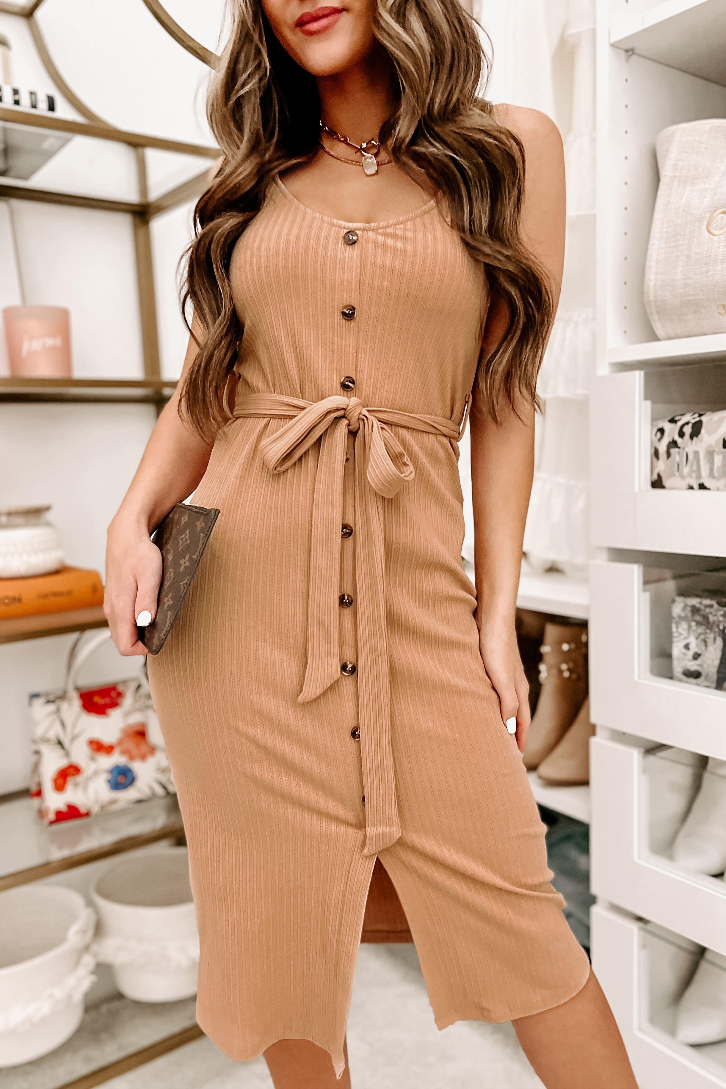 Seeing Other People Ribbed Button-Front Midi Dress (Tan)-The Formal Wear