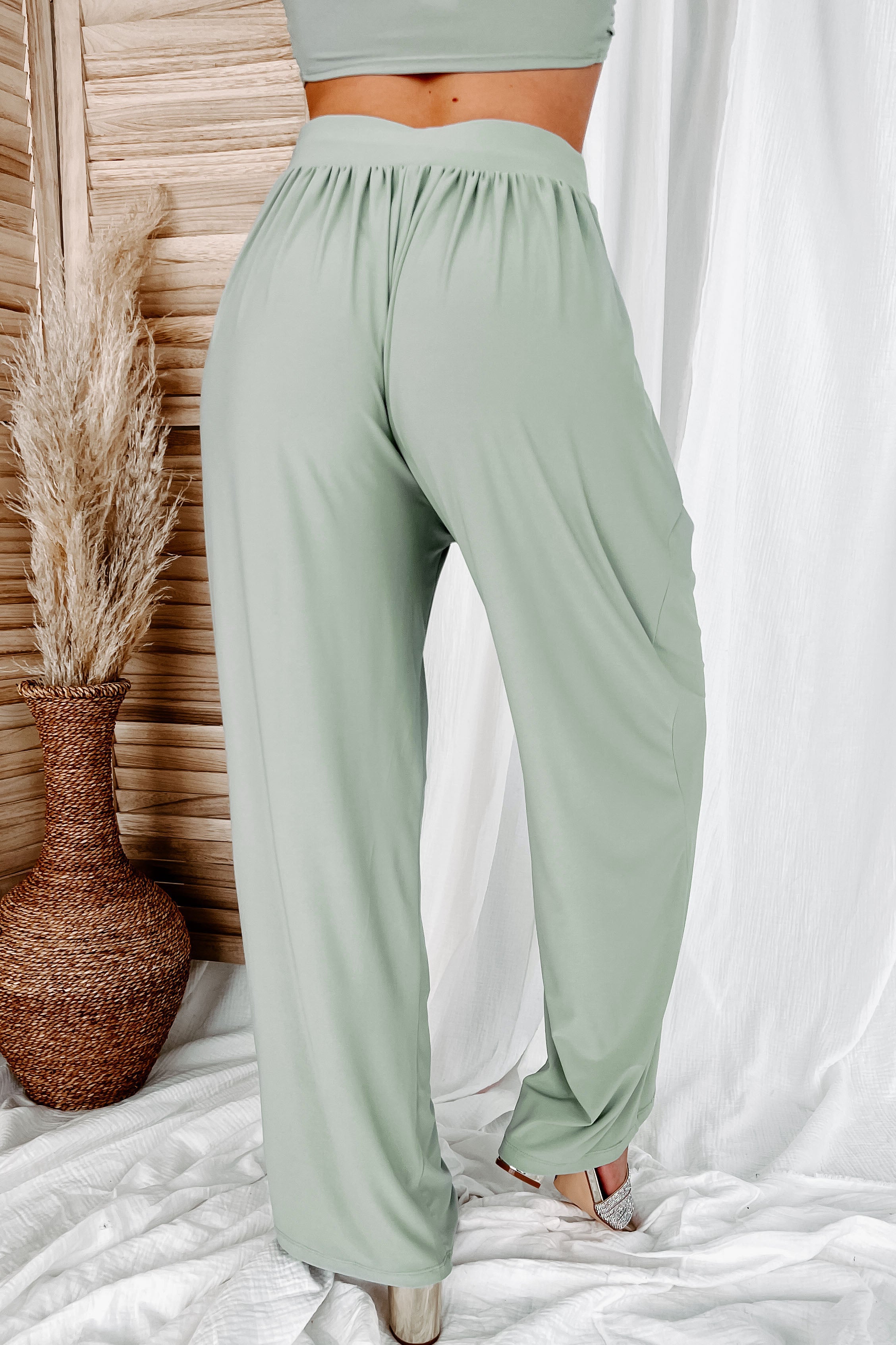 Vacation Mindset Strapless Tie Top & Pants Set (Sage Olive)-The Formal Wear
