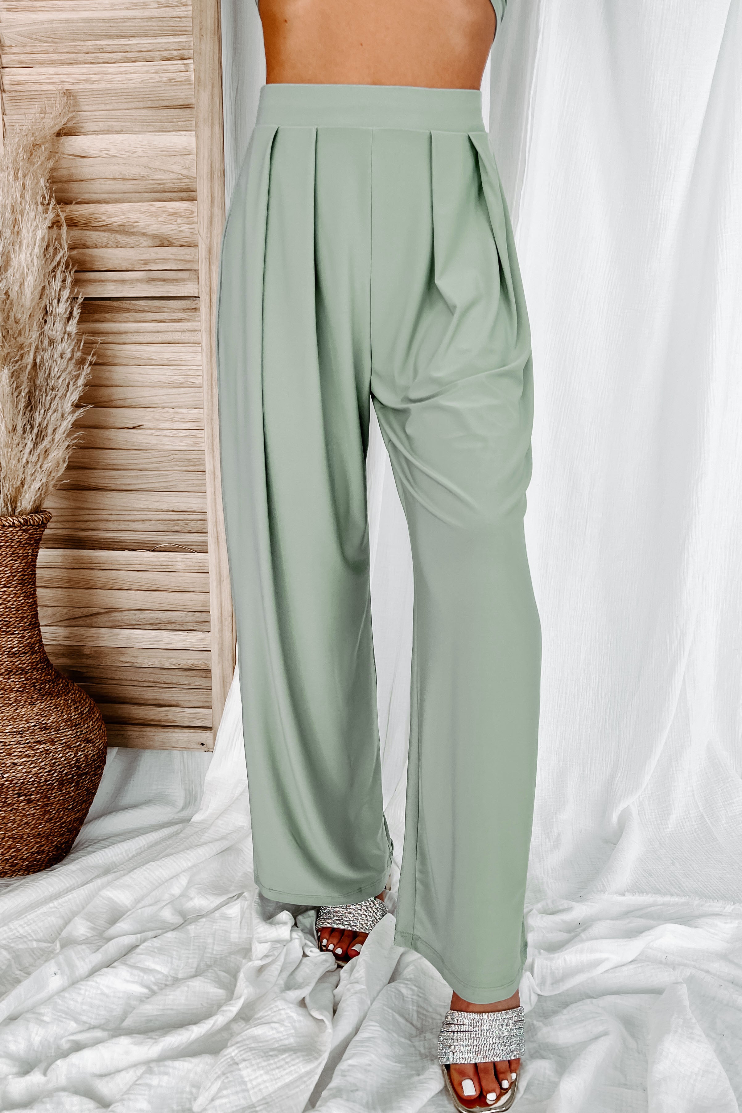 Vacation Mindset Strapless Tie Top & Pants Set (Sage Olive)-The Formal Wear