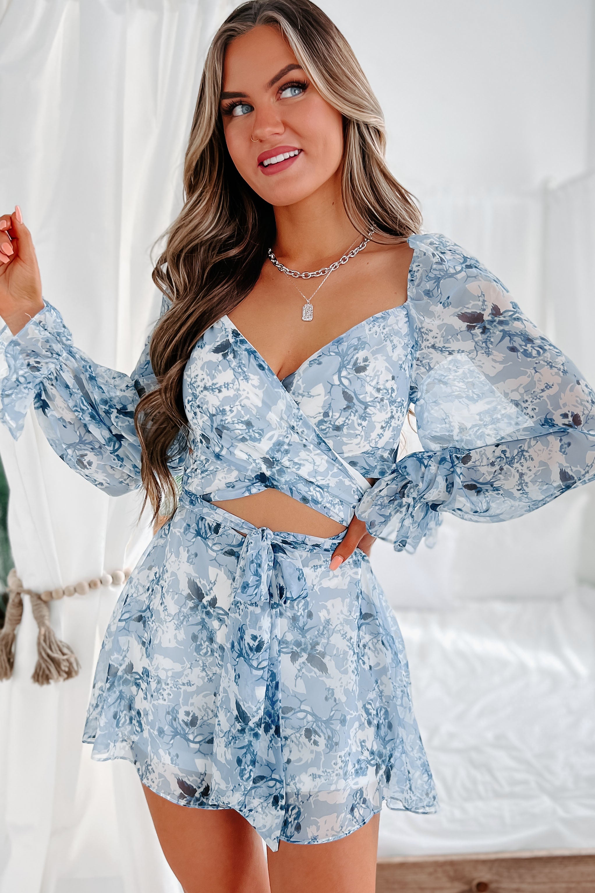 Only One I Want Floral Long Sleeve Cut-Out Romper (Blue)-The Formal Wear
