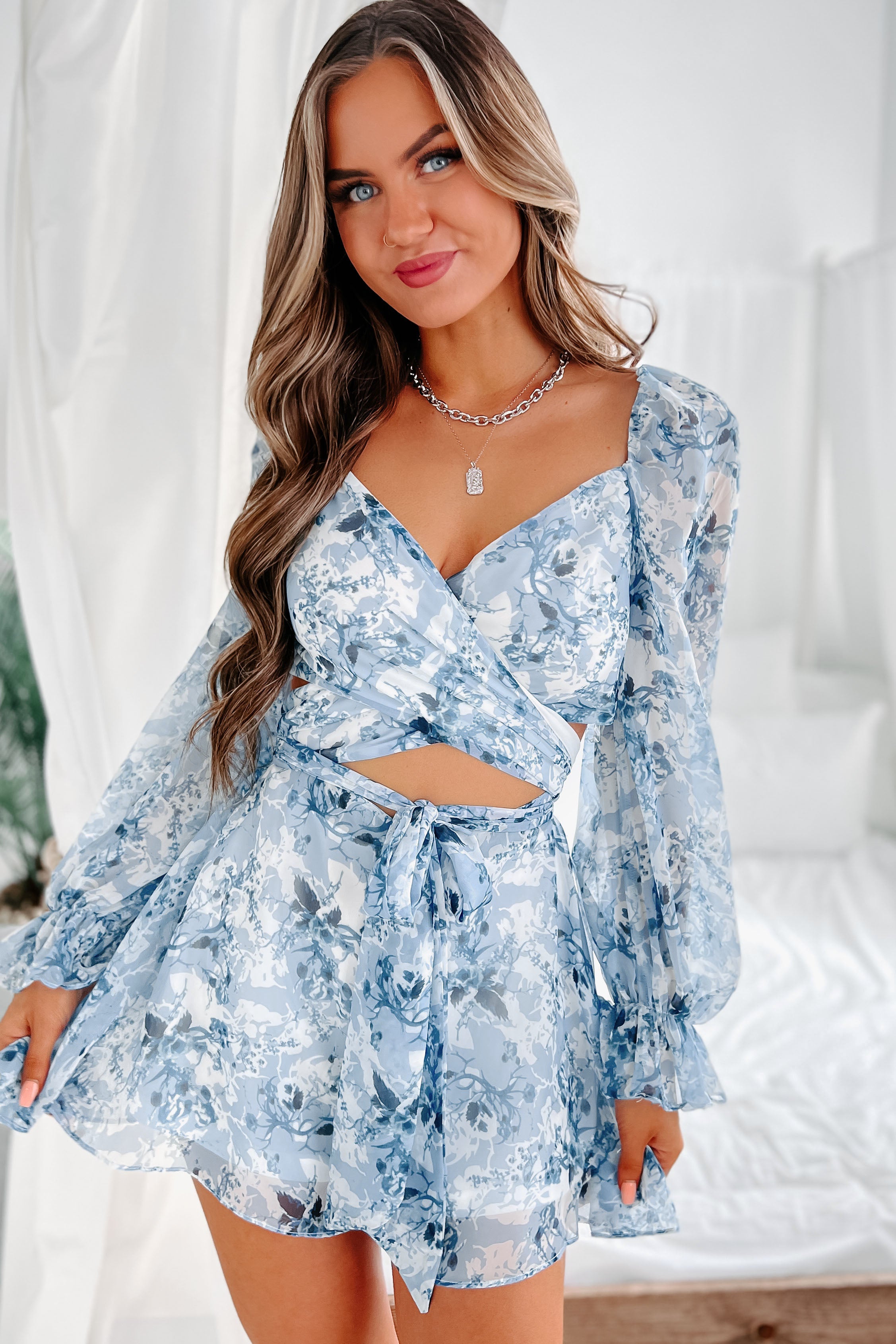 Only One I Want Floral Long Sleeve Cut-Out Romper (Blue)-The Formal Wear