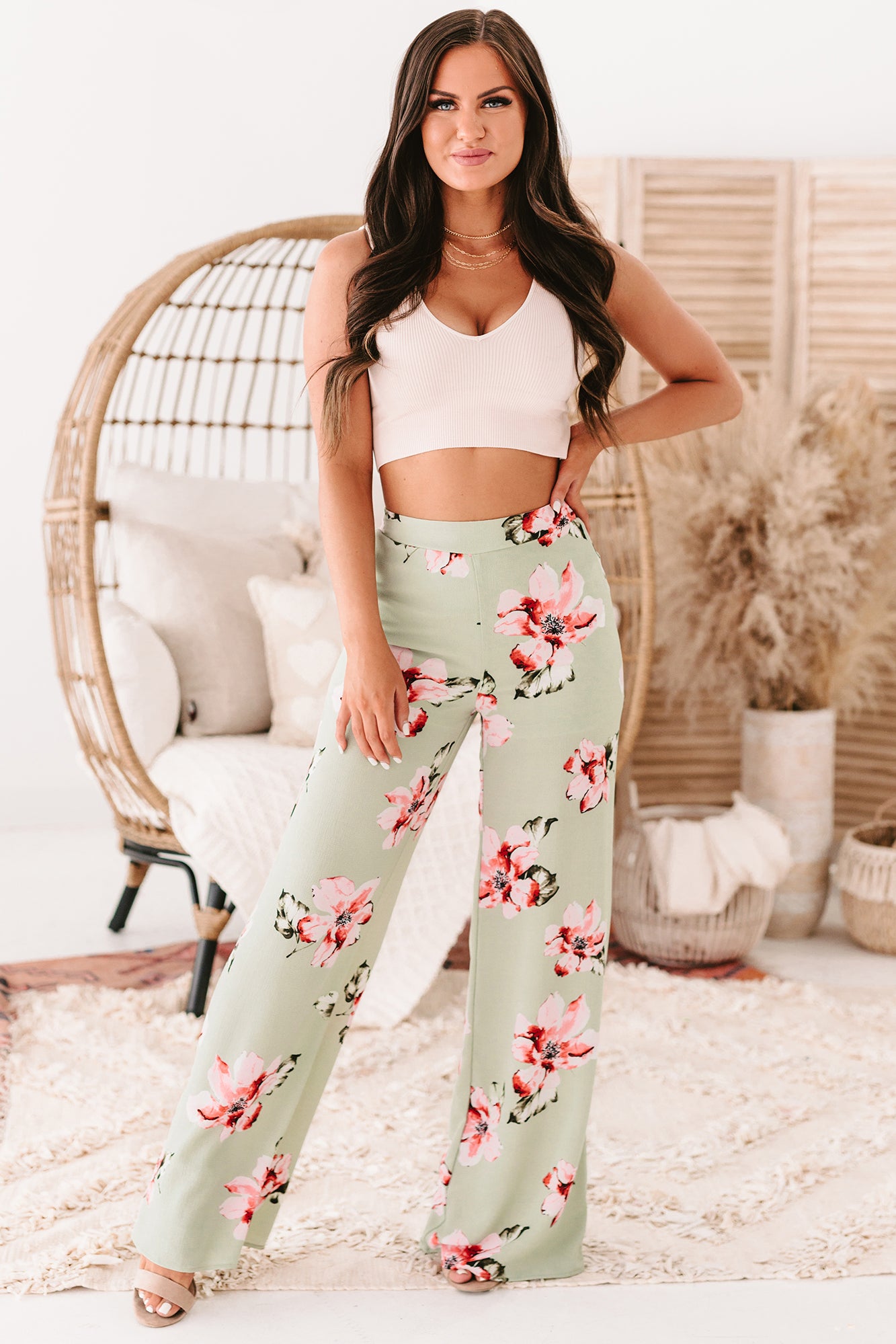 Cancun Crush Floral High Rise Wide Leg Pants (Green)-The Formal Wear