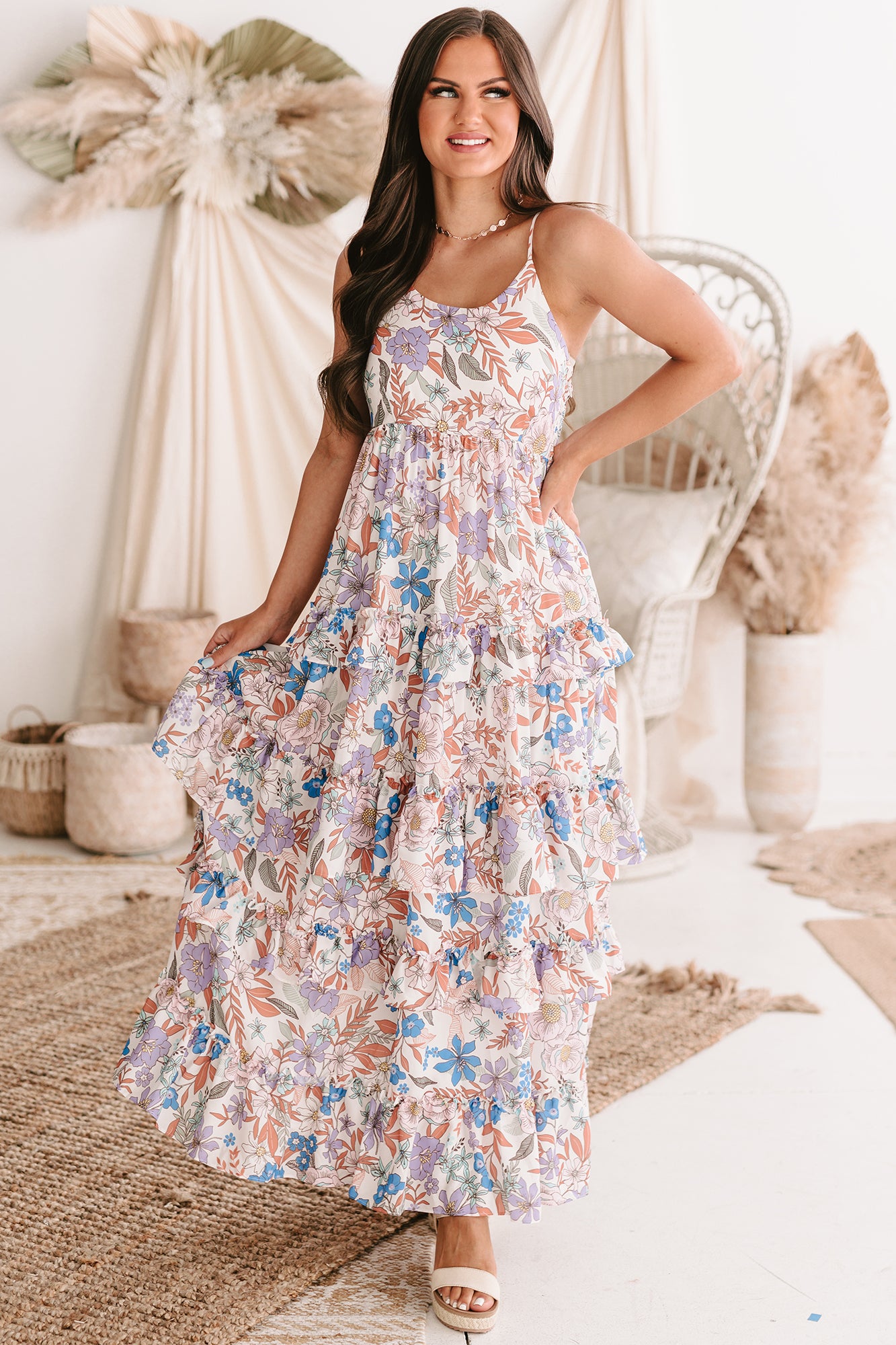 Off Topic Ruffle Tiered Floral Maxi Dress (Ivory/Multi)-The Formal Wear