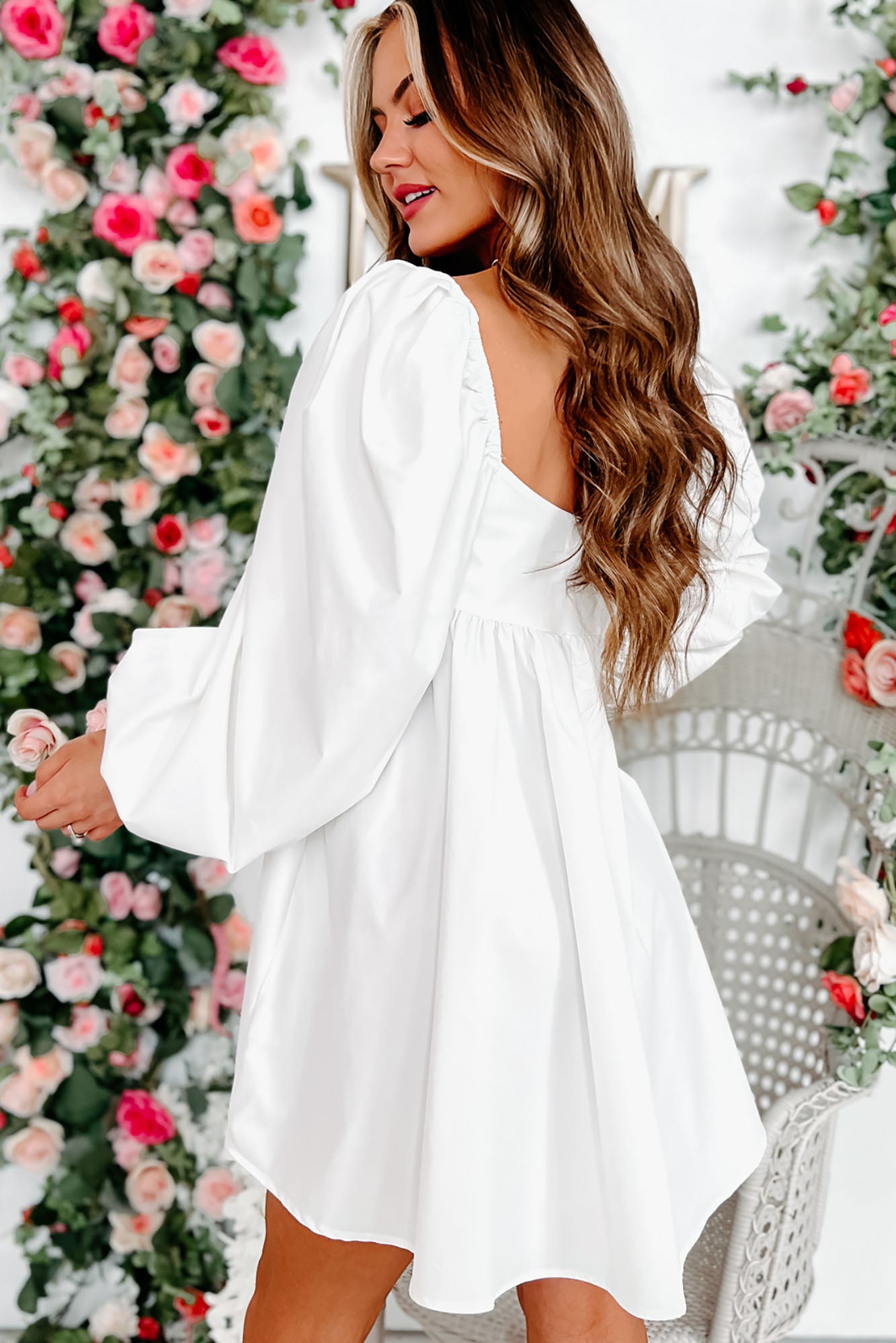 Angel Eyes Long Sleeve Babydoll Dress (White)-The Formal Wear