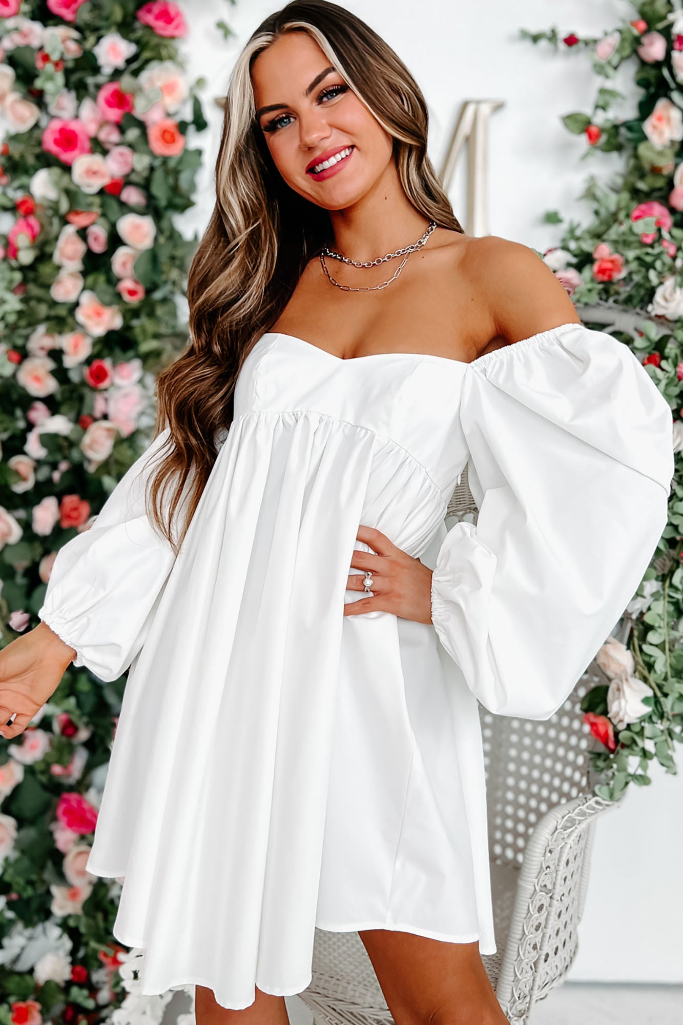 Angel Eyes Long Sleeve Babydoll Dress (White)-The Formal Wear