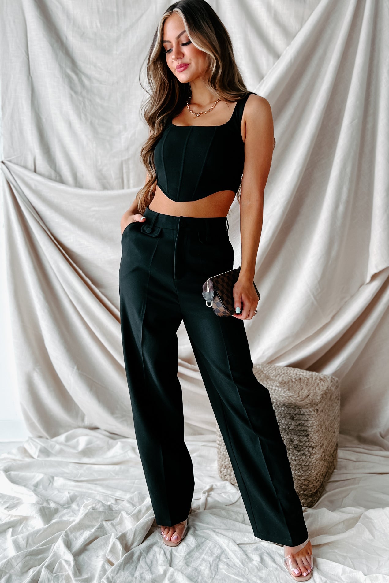 Crunching Numbers High Waisted Straight Leg Pants (Black)-The Formal Wear