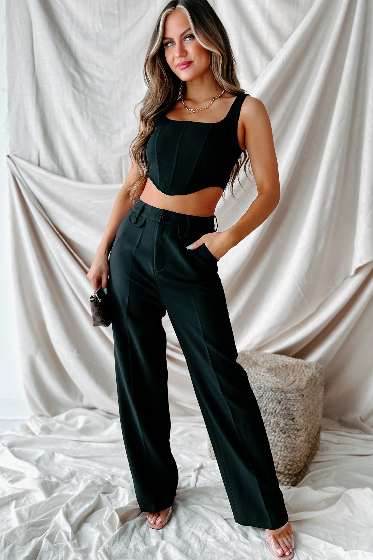 Crunching Numbers High Waisted Straight Leg Pants (Black)-The Formal Wear