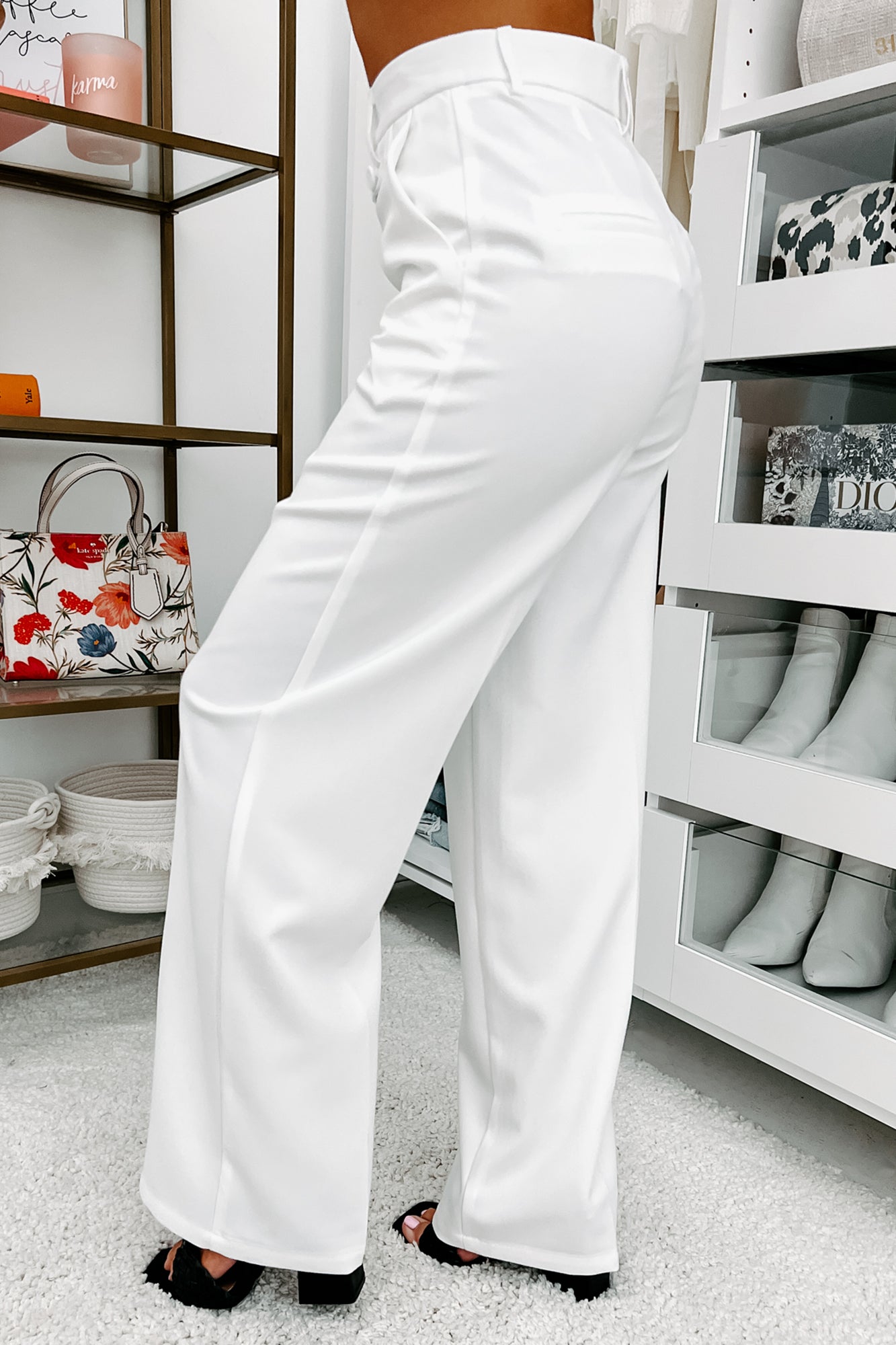 Crunching Numbers High Waisted Straight Leg Pants (White)-The Formal Wear