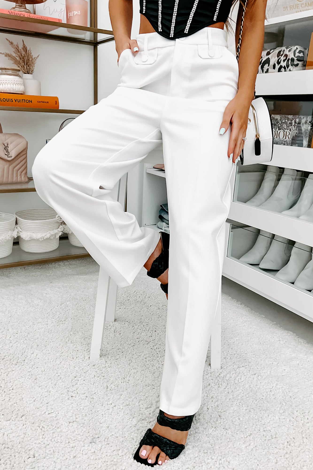 Crunching Numbers High Waisted Straight Leg Pants (White)-The Formal Wear