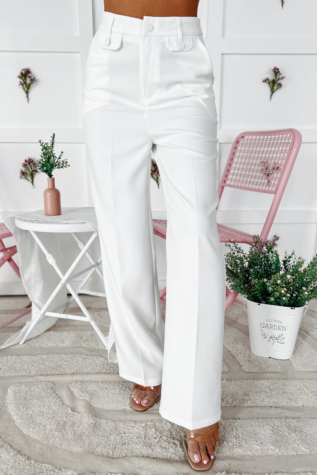 Crunching Numbers High Waisted Straight Leg Pants (White)-The Formal Wear