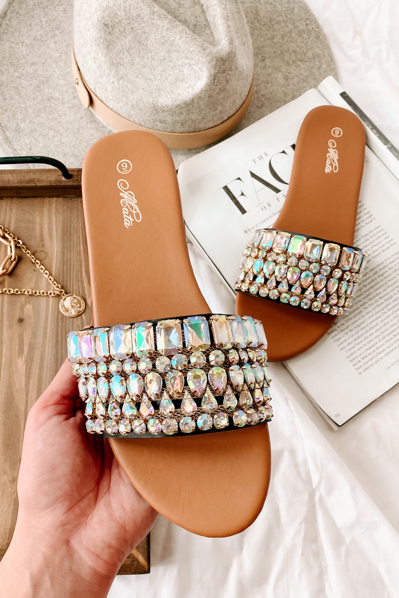 Svetlana Slip-On Gemstone Sandals (Black)-The Formal Wear