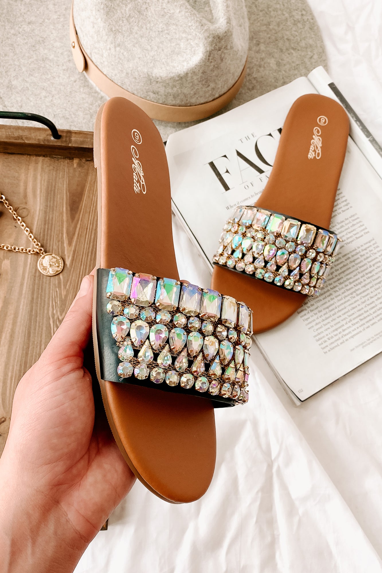 Svetlana Slip-On Gemstone Sandals (Black)-The Formal Wear