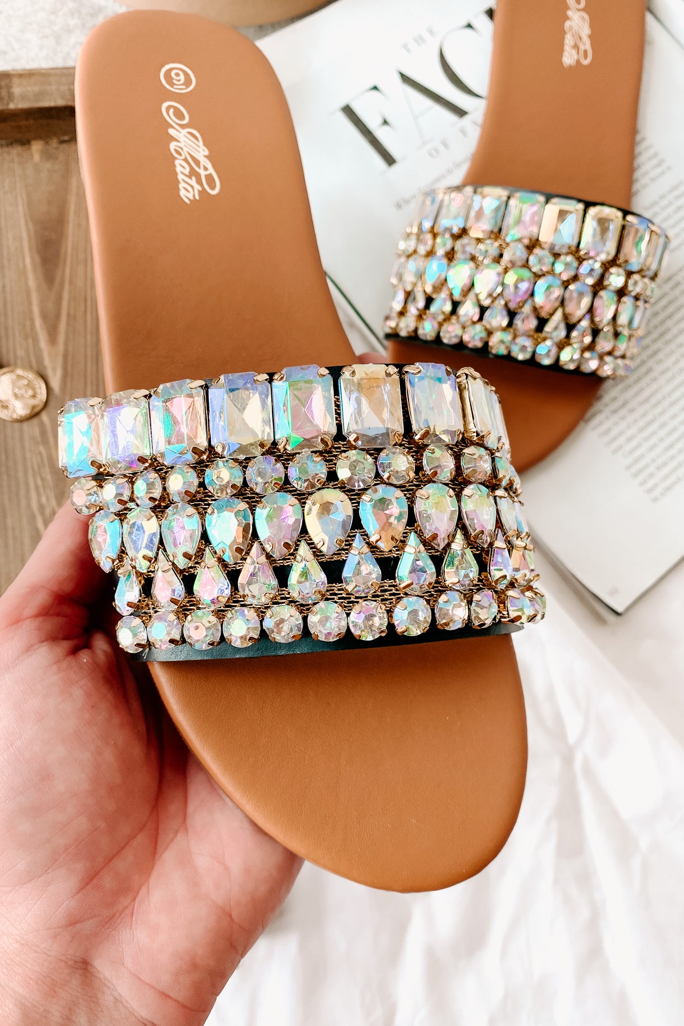 Svetlana Slip-On Gemstone Sandals (Black)-The Formal Wear