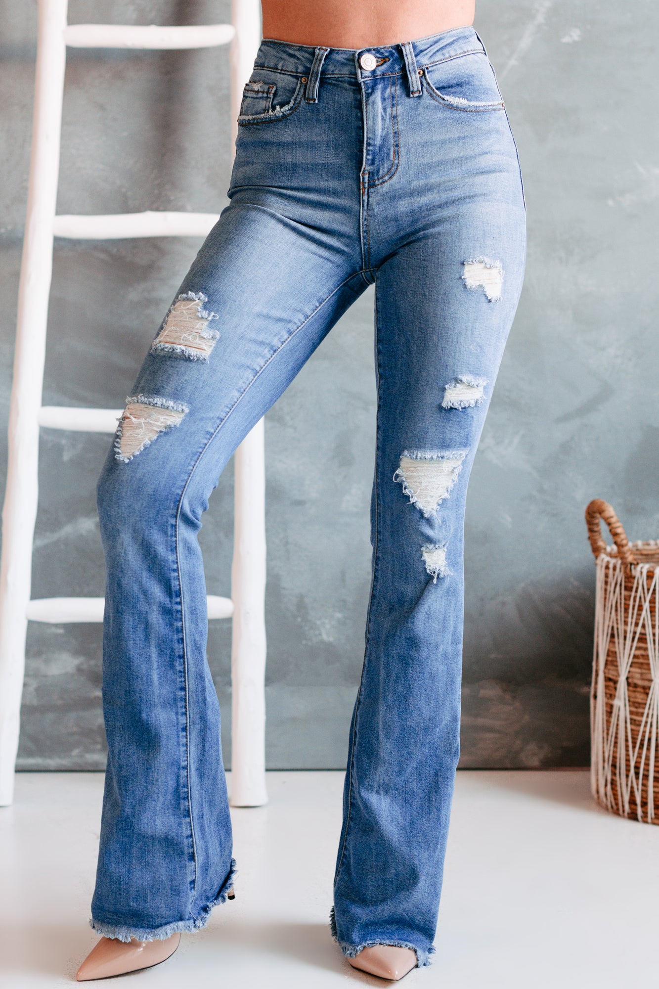 Pursuing You YMI High Rise Distressed Flare Jeans (Medium)-The Formal Wear
