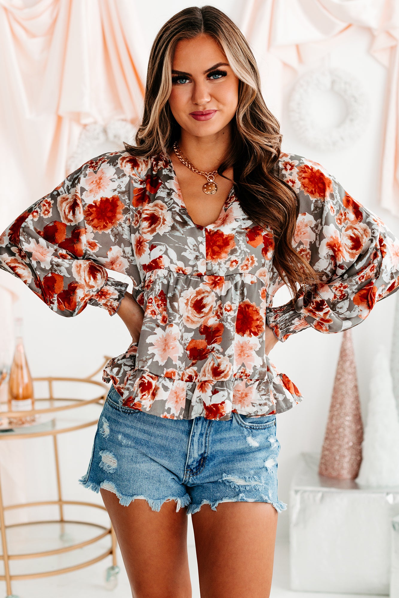 Perfectly Bloomed Floral Satin Babydoll Top (Silver/Cream/Burgundy)-The Formal Wear