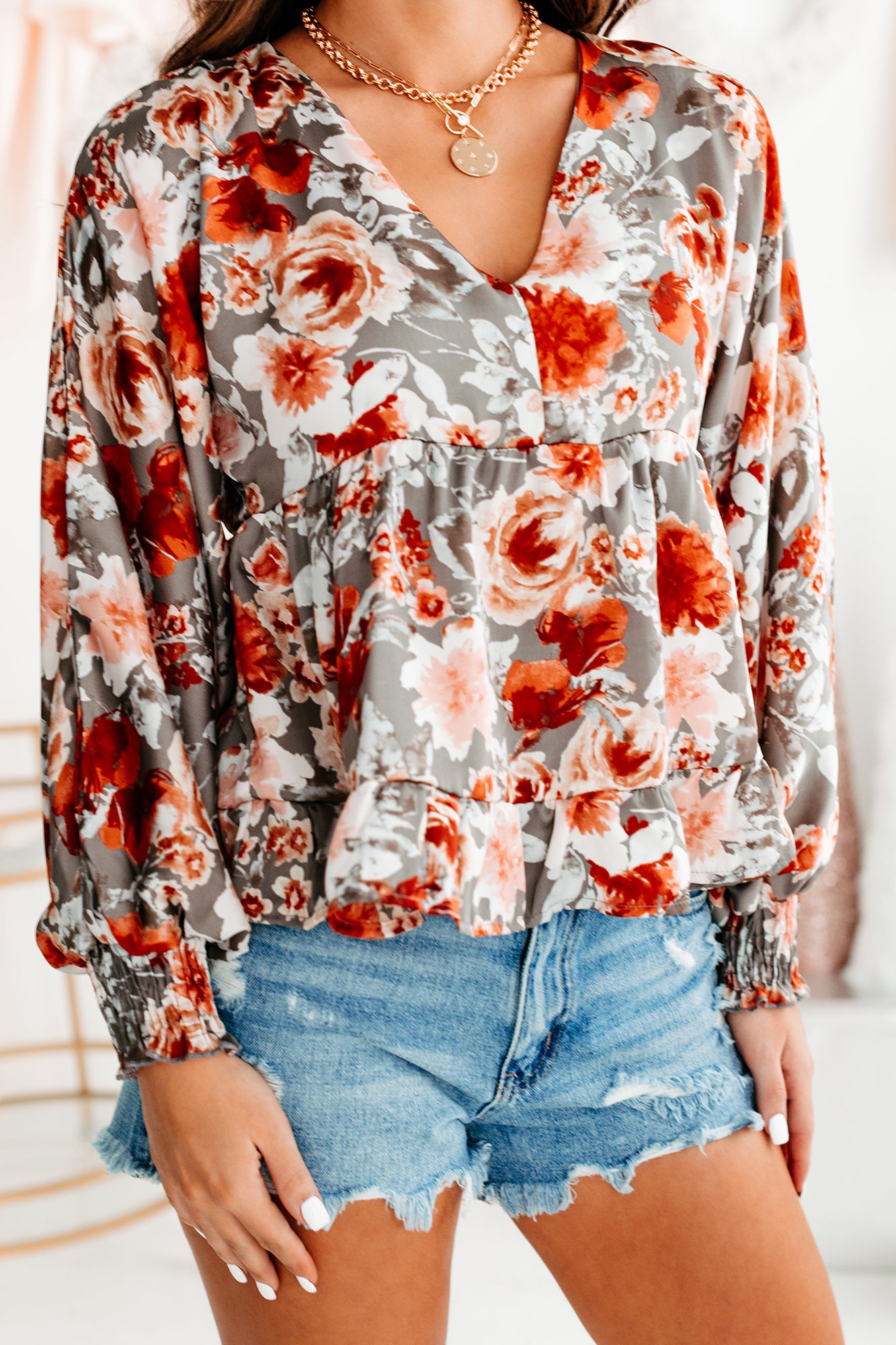 Perfectly Bloomed Floral Satin Babydoll Top (Silver/Cream/Burgundy)-The Formal Wear