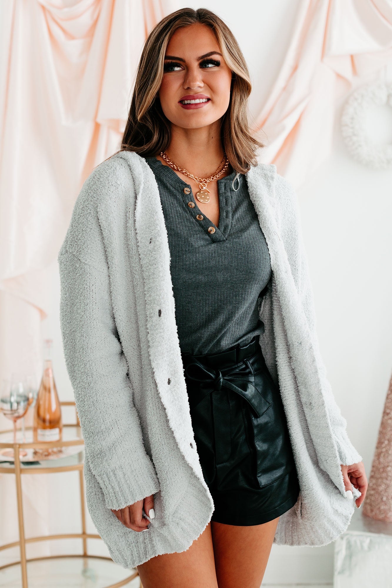 Hold Me Forever Fuzzy Sweater Knit Hooded Cardigan (Grey)-The Formal Wear
