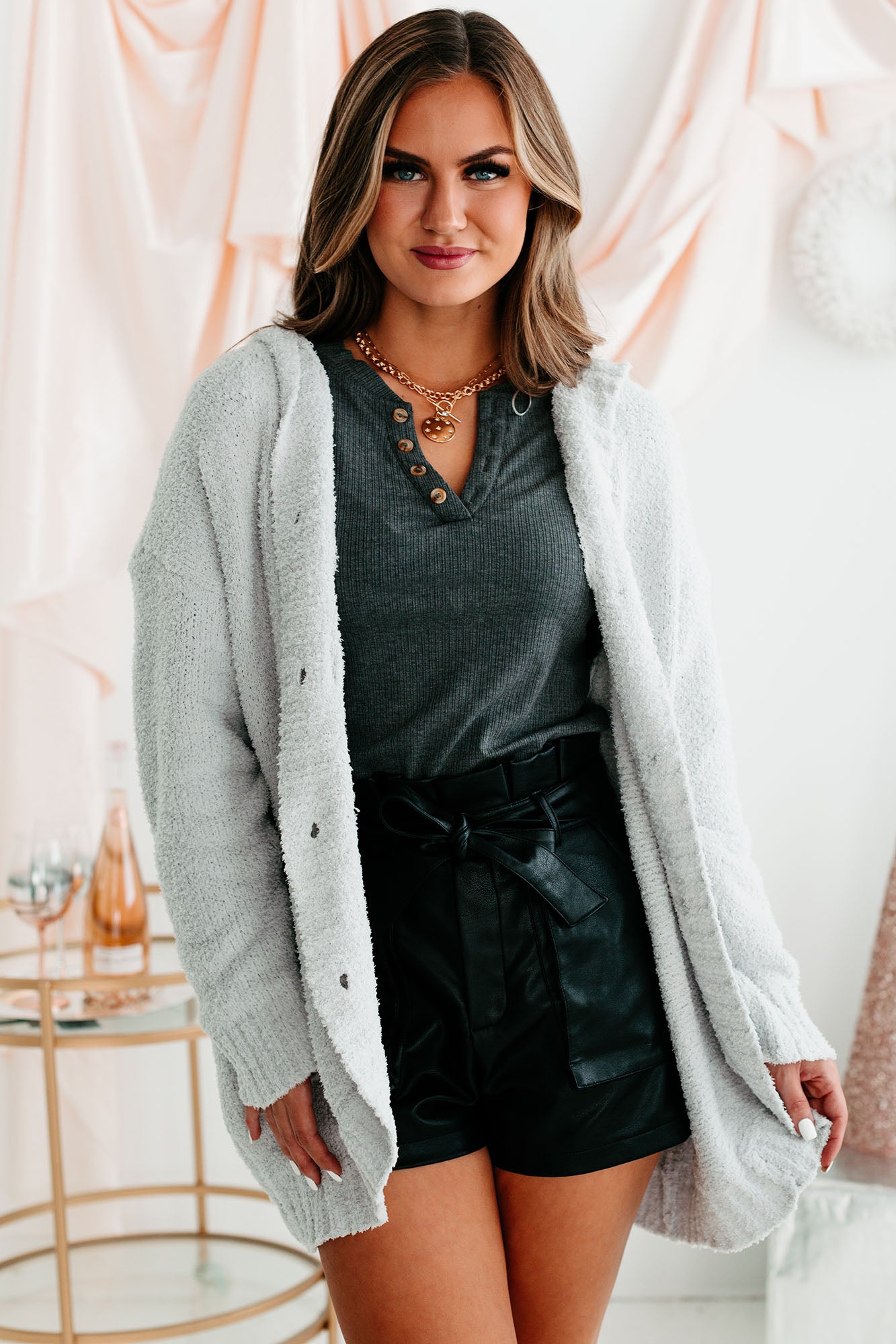 Hold Me Forever Fuzzy Sweater Knit Hooded Cardigan (Grey)-The Formal Wear