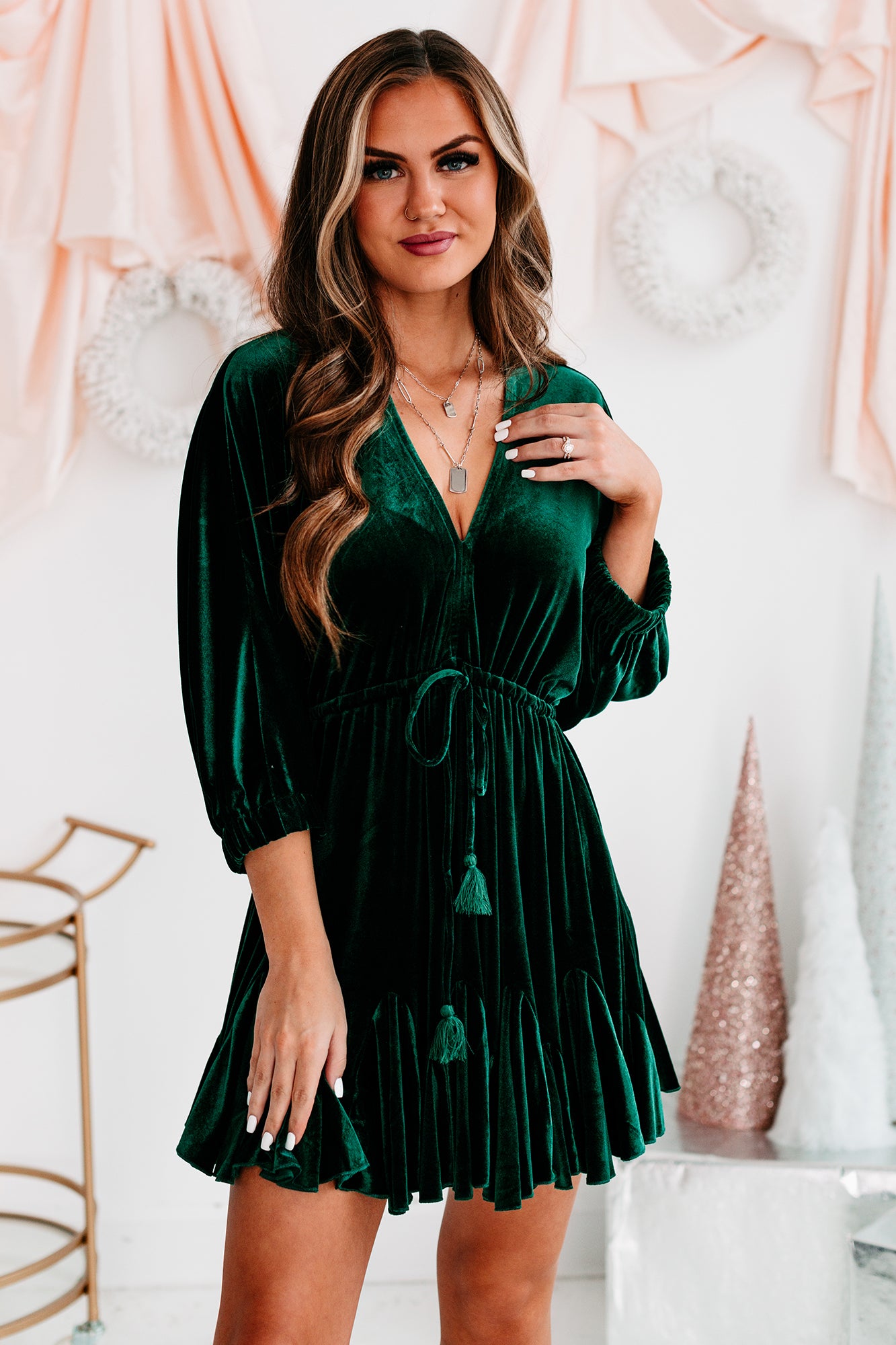 Holiday Happenings Velvet Mini Dress (Hunter Green)-The Formal Wear