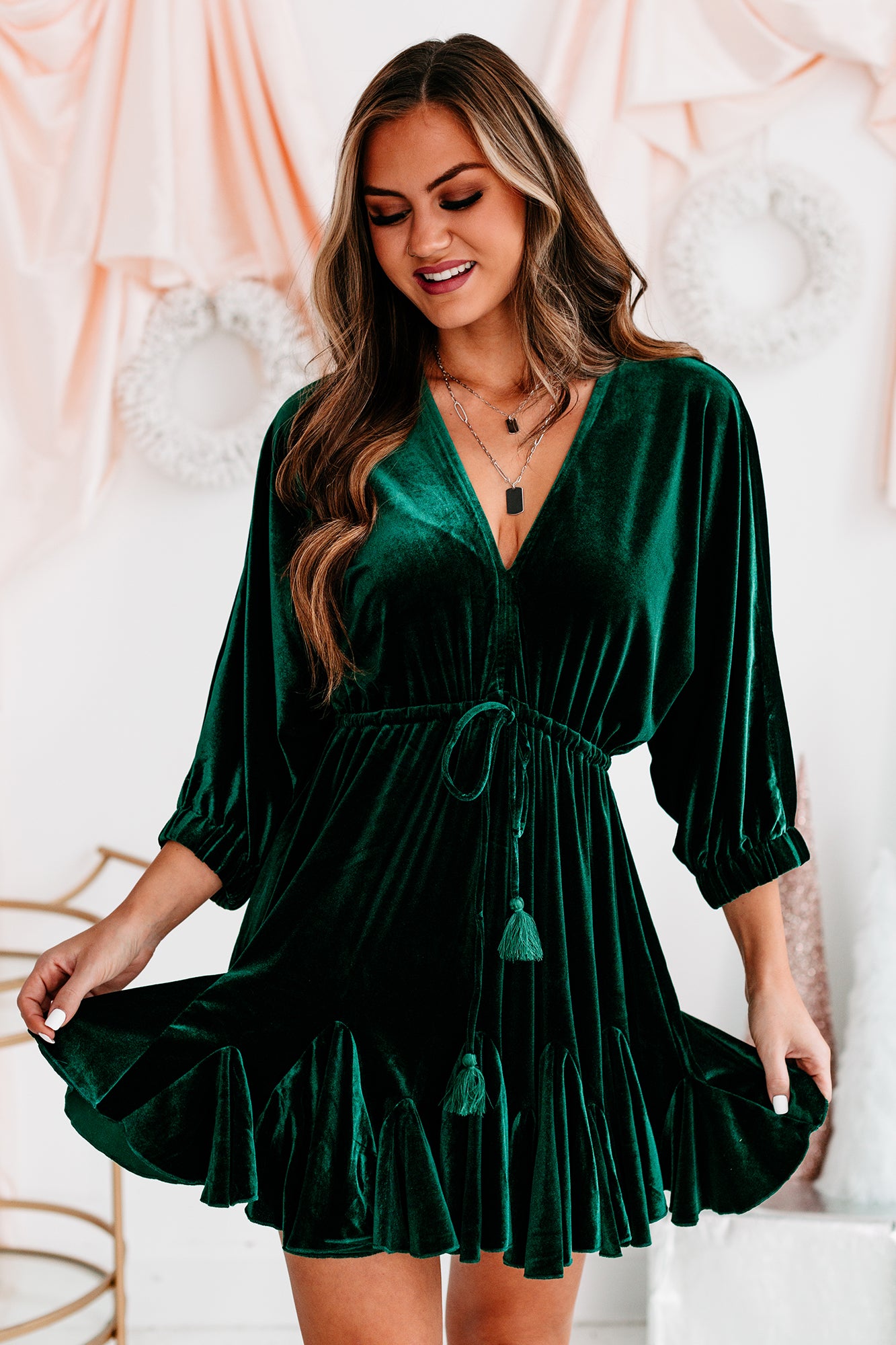 Holiday Happenings Velvet Mini Dress (Hunter Green)-The Formal Wear