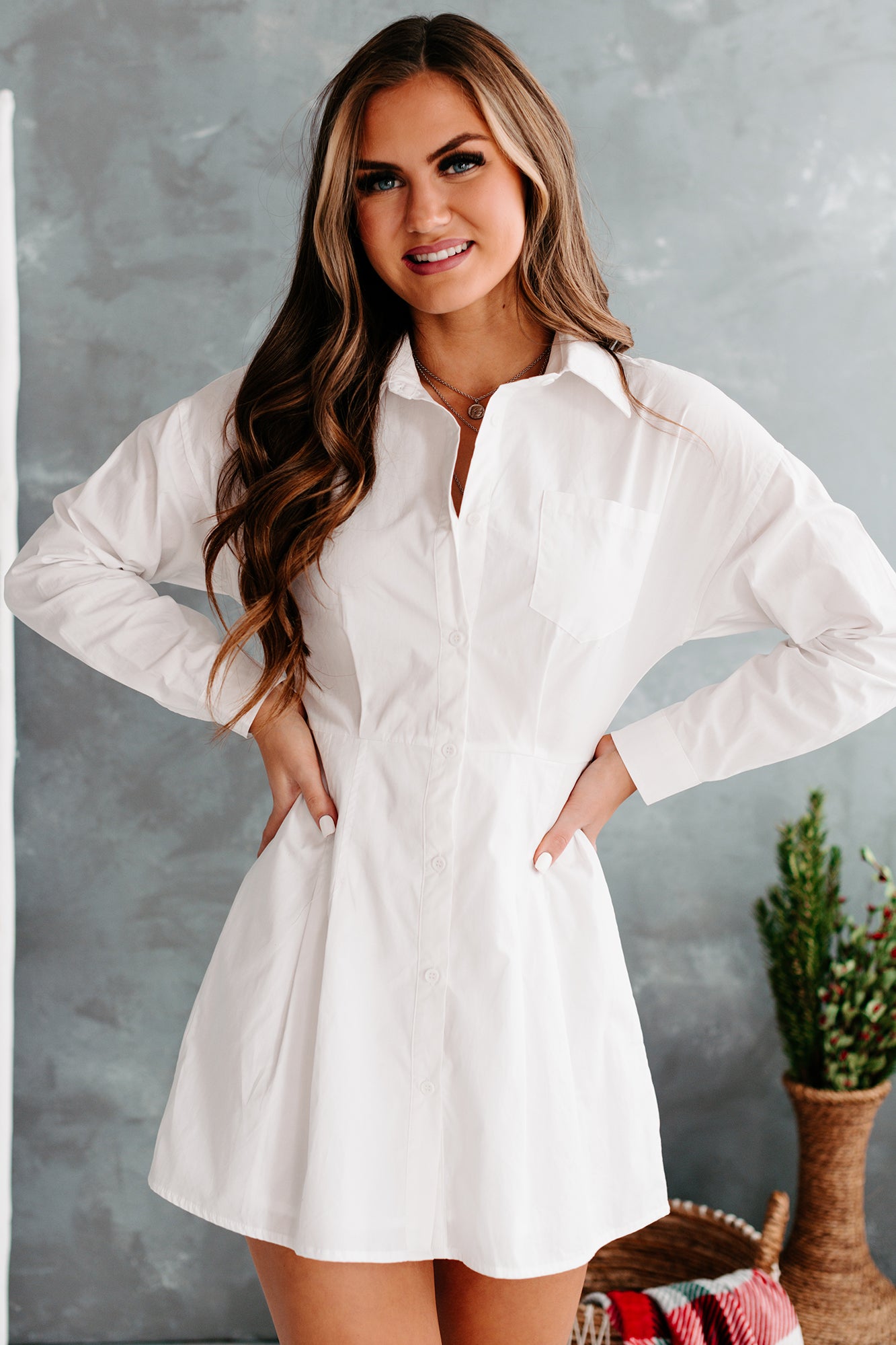 A Fine Romance Button-Front Pleated Shirt Dress (White)-The Formal Wear