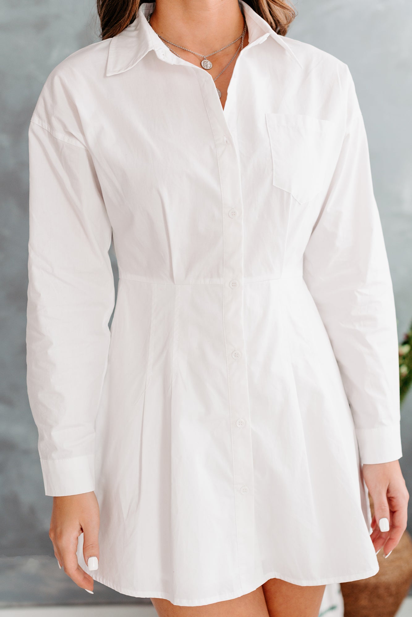 A Fine Romance Button-Front Pleated Shirt Dress (White)-The Formal Wear