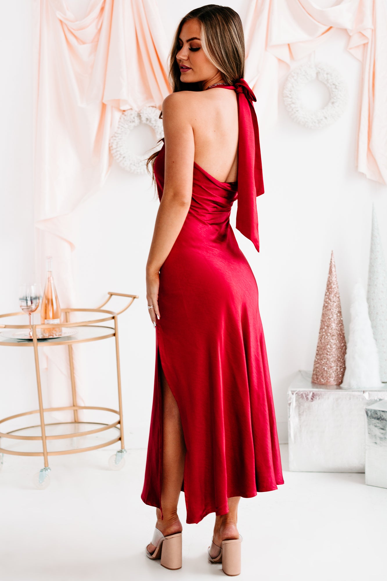 Red Carpet Reveal Satin Halter Midi Dress (Burgundy)-The Formal Wear