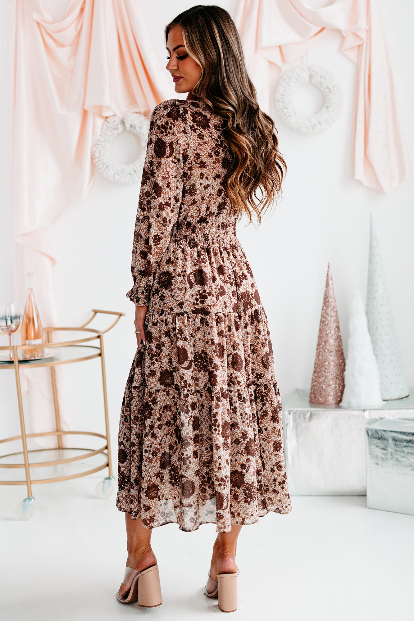 Floral Feelings Tiered Floral Midi Dress (Mocha)-The Formal Wear