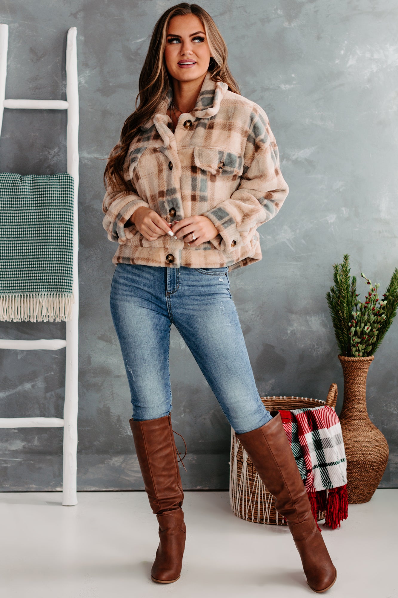 Too Much Fur You Plaid Faux Fur Jacket (Cream)-The Formal Wear