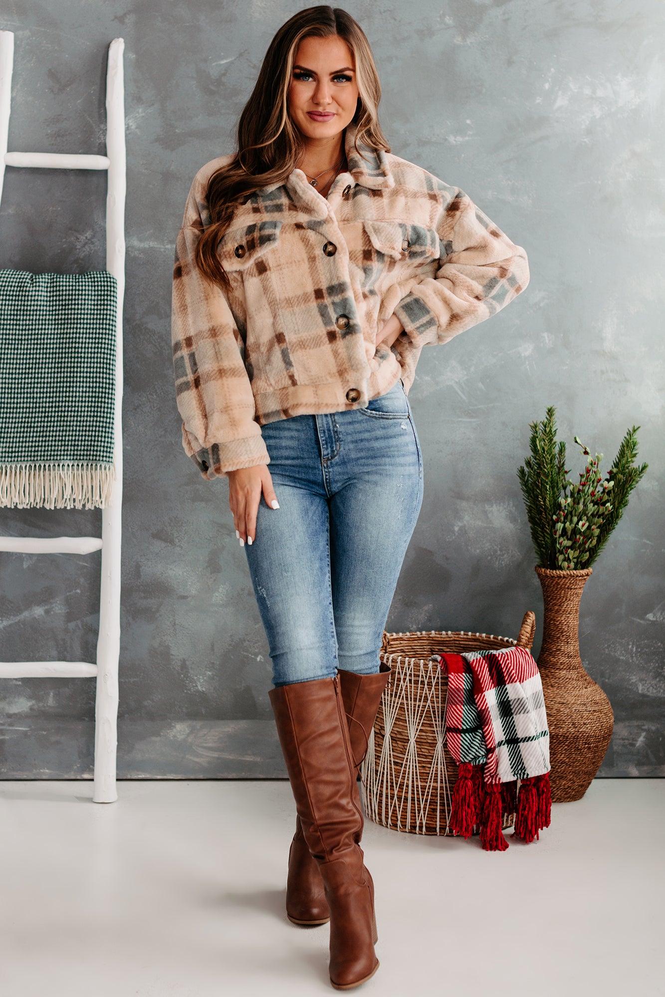 Too Much Fur You Plaid Faux Fur Jacket (Cream)-The Formal Wear